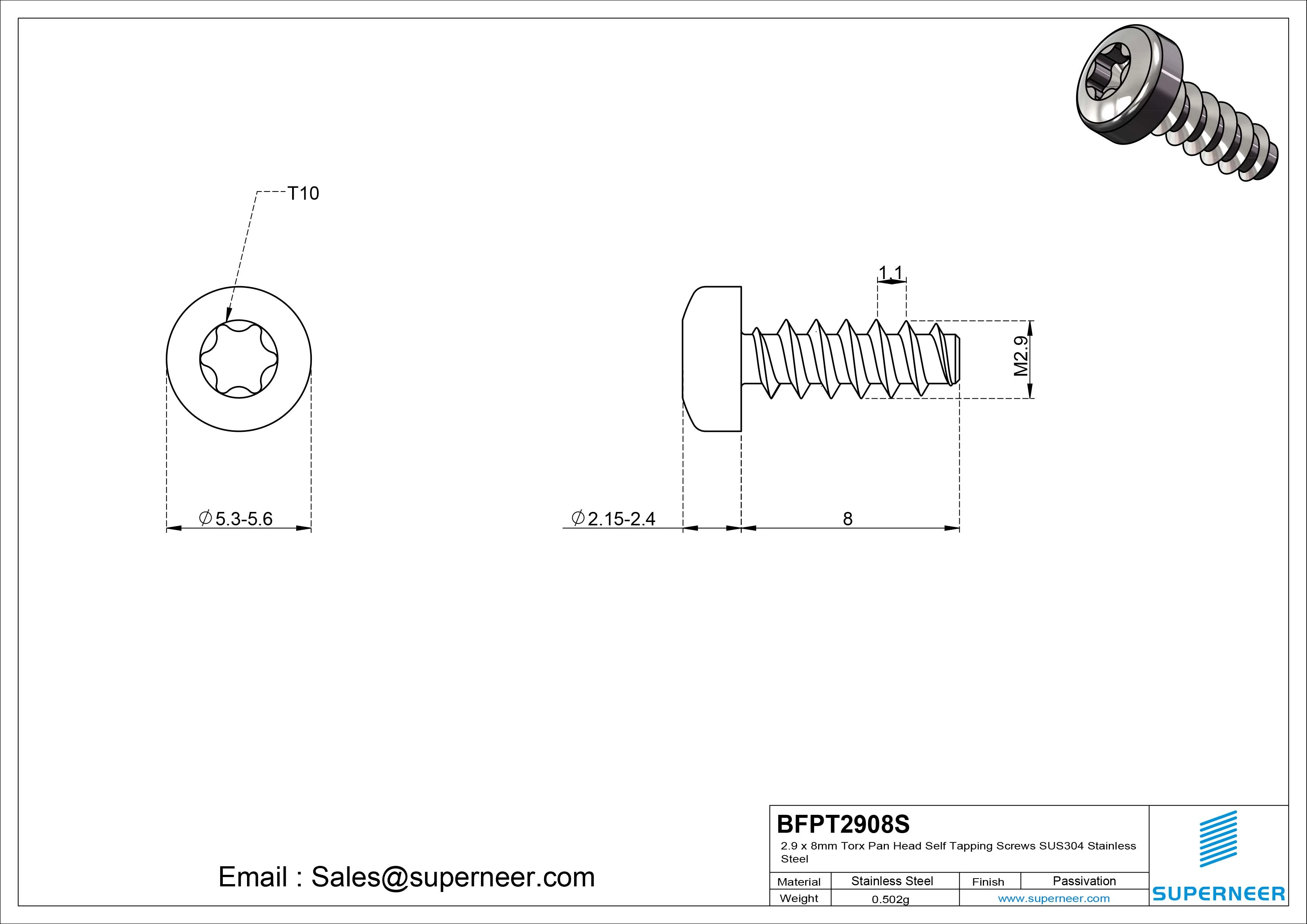 2.9 x 8mm Torx Pan Head Self Tapping Screws SUS304 Stainless Steel