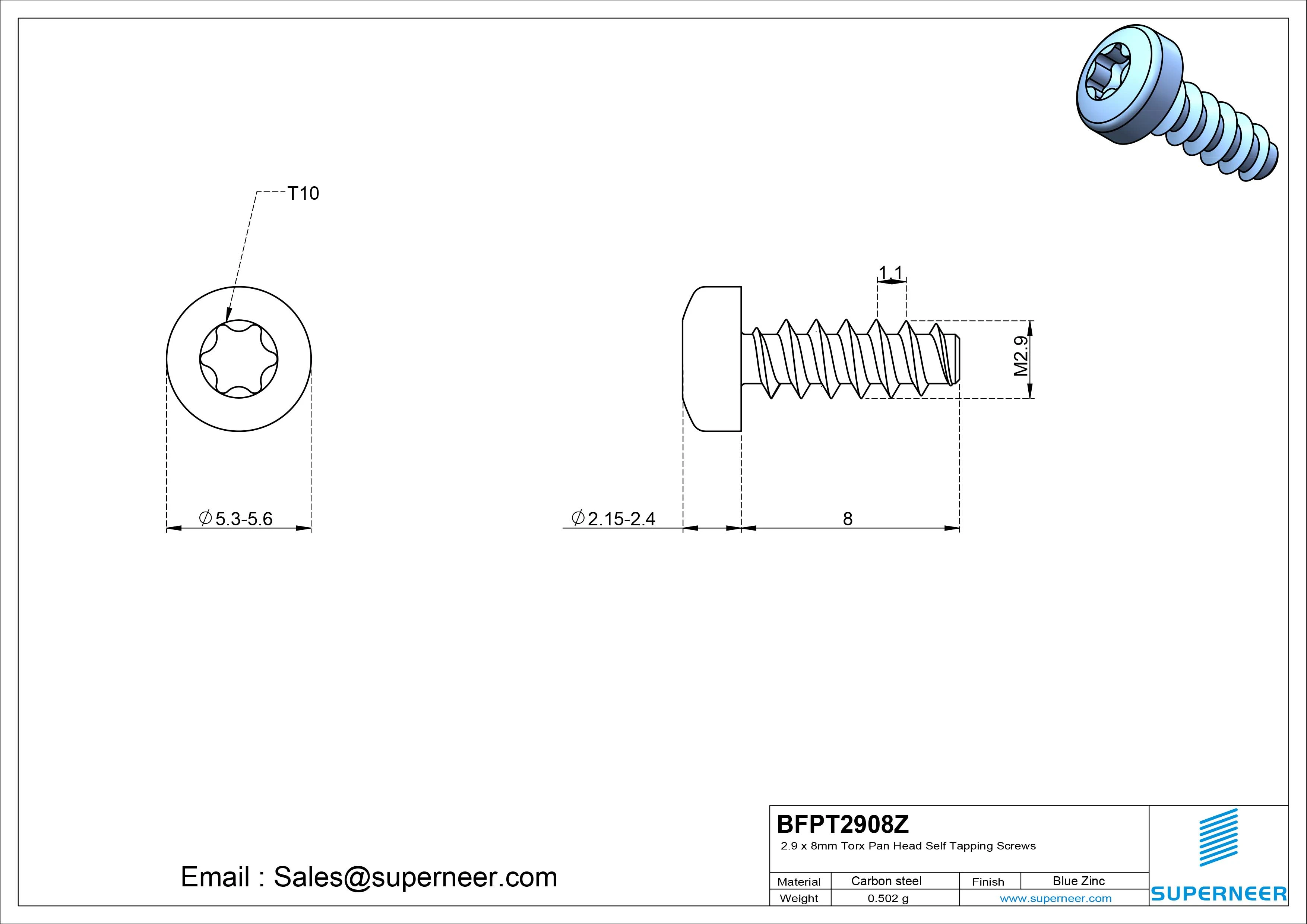 2.9 x 8mm Torx Pan Head Self Tapping Screws Steel Blue Zinc Plated