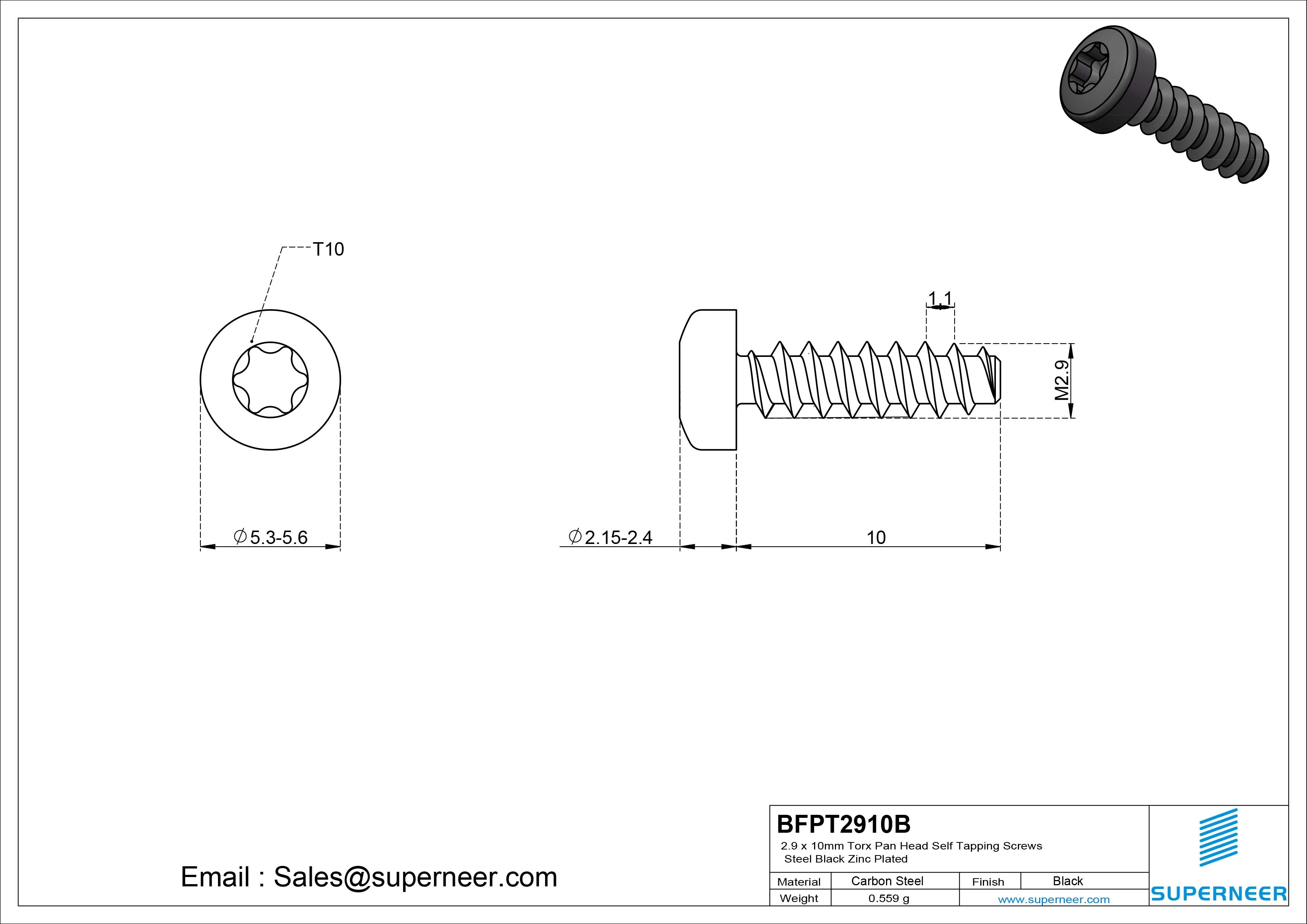 2.9 x 10mm Torx Pan Head Self Tapping Screws Steel Black Zinc Plated