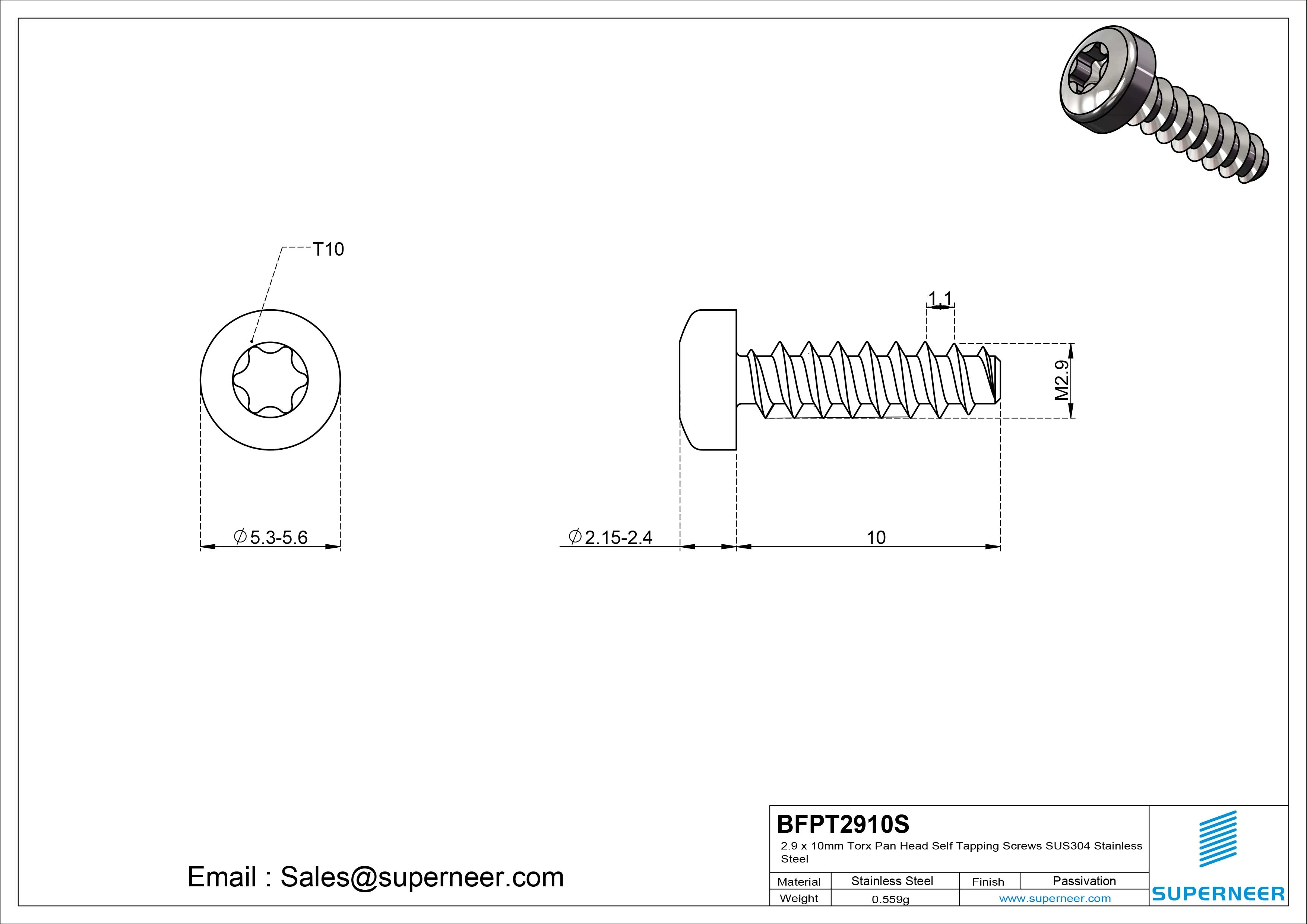 2.9 x 10mm Torx Pan Head Self Tapping Screws SUS304 Stainless Steel