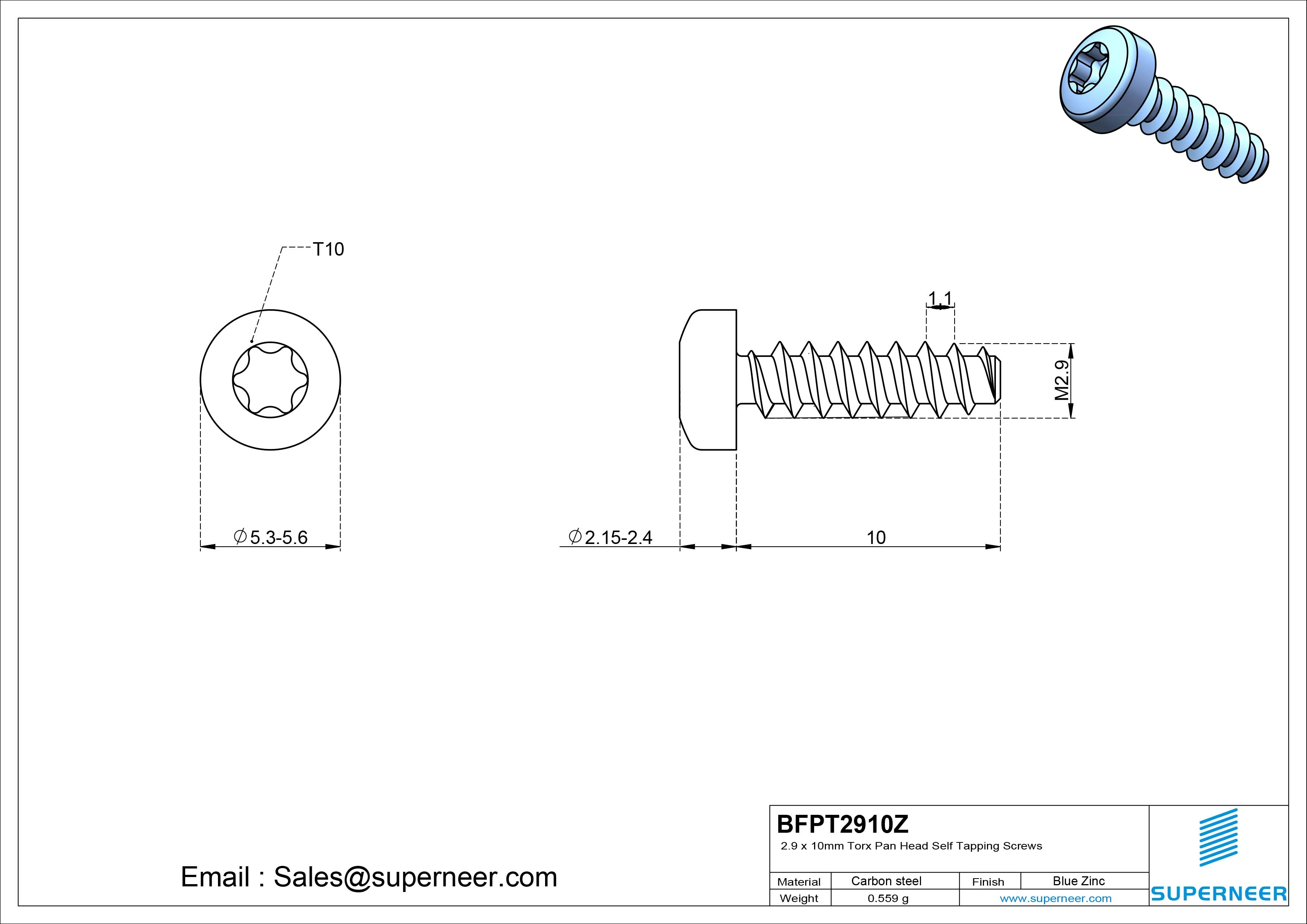2.9 x 10mm Torx Pan Head Self Tapping Screws Steel Blue Zinc Plated
