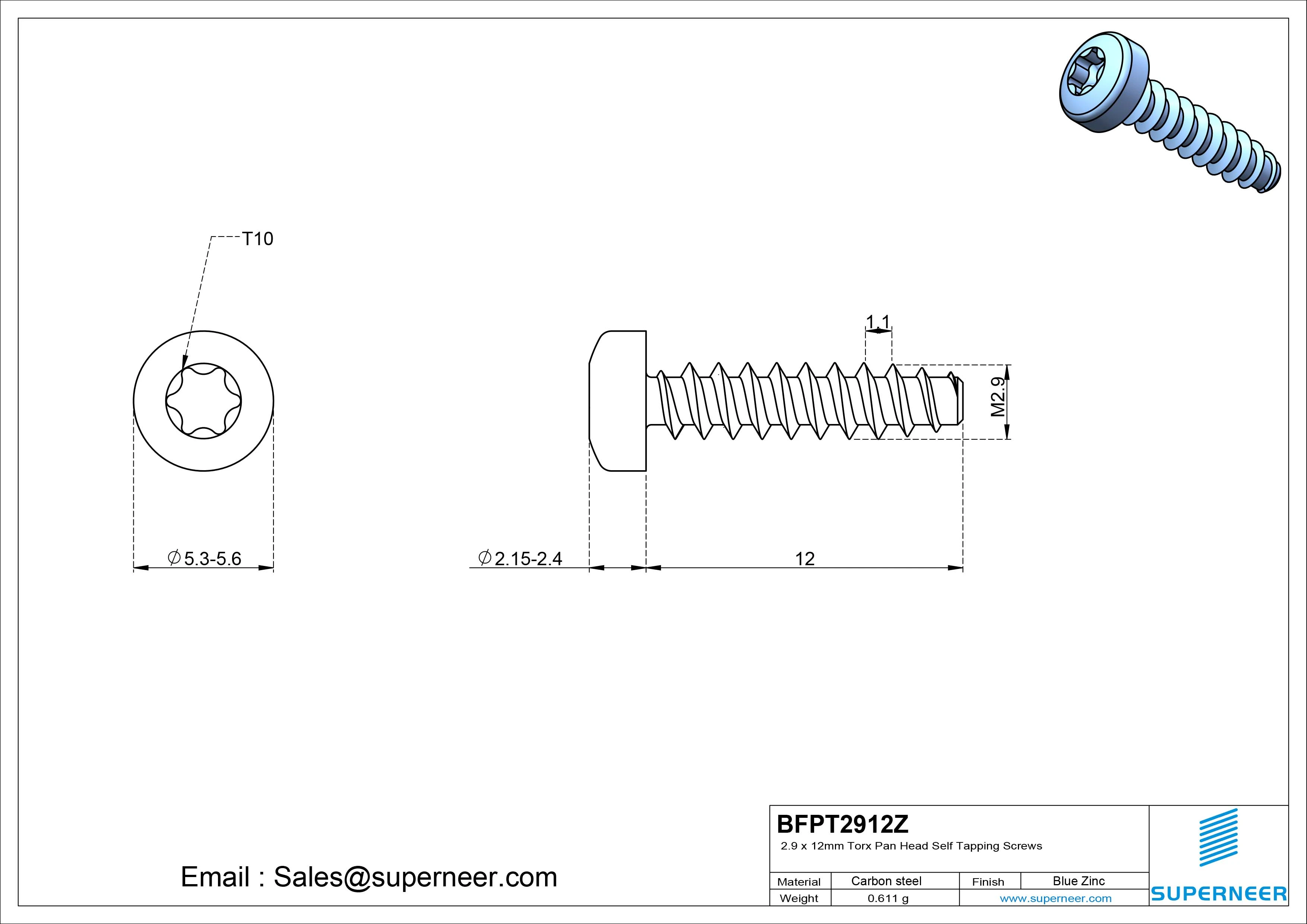 2.9 x 12mm Torx Pan Head Self Tapping Screws Steel Blue Zinc Plated