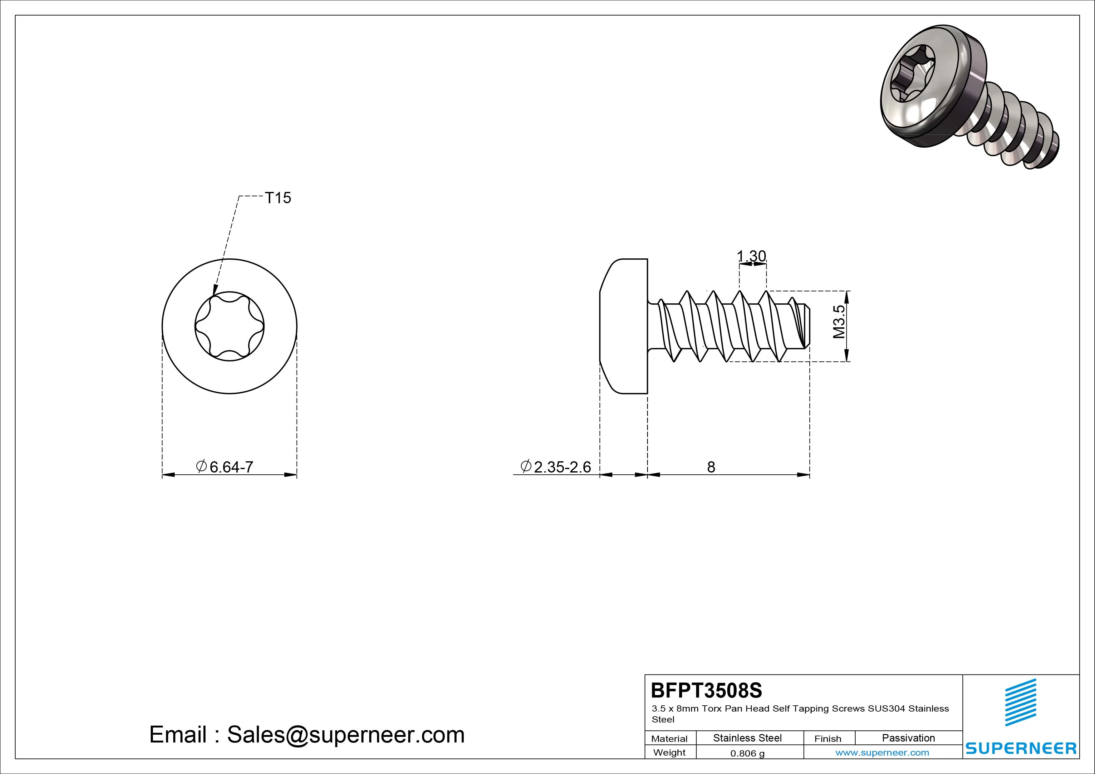 3.5 x 8mm Torx Pan Head Self Tapping Screws SUS304 Stainless Steel