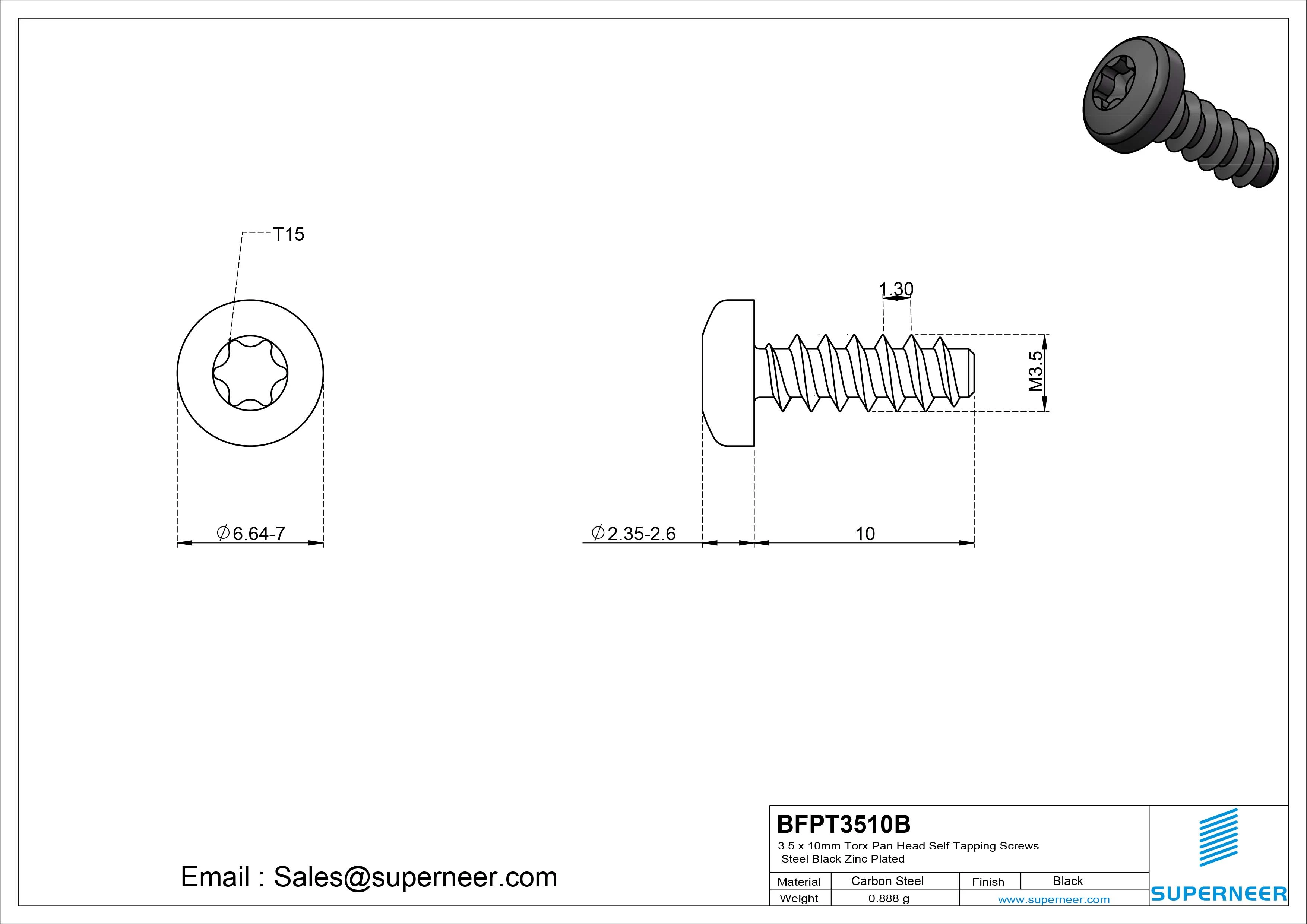 3.5 x 10mm Torx Pan Head Self Tapping Screws Steel Black Zinc Plated