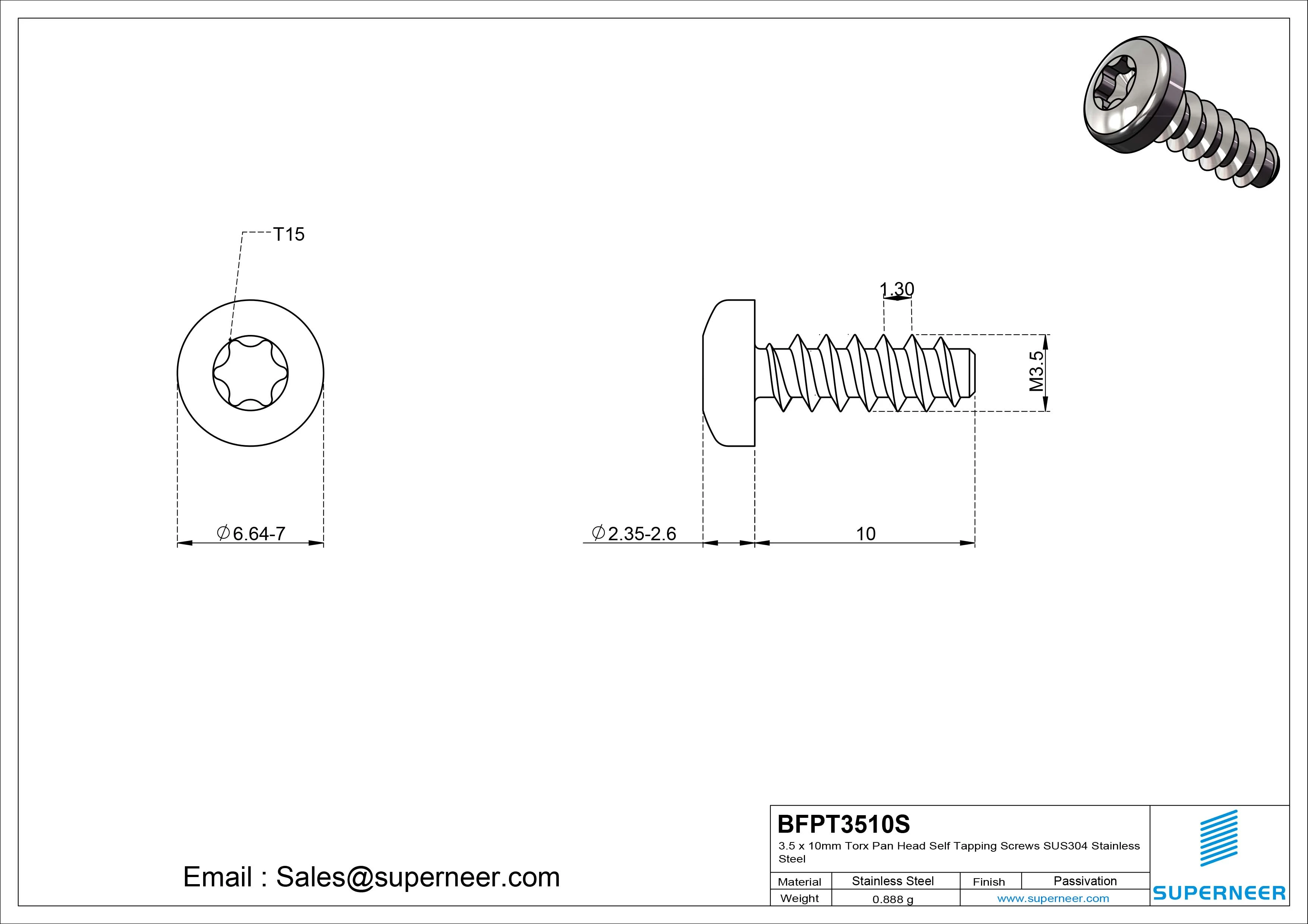 3.5 x 10mm Torx Pan Head Self Tapping Screws SUS304 Stainless Steel