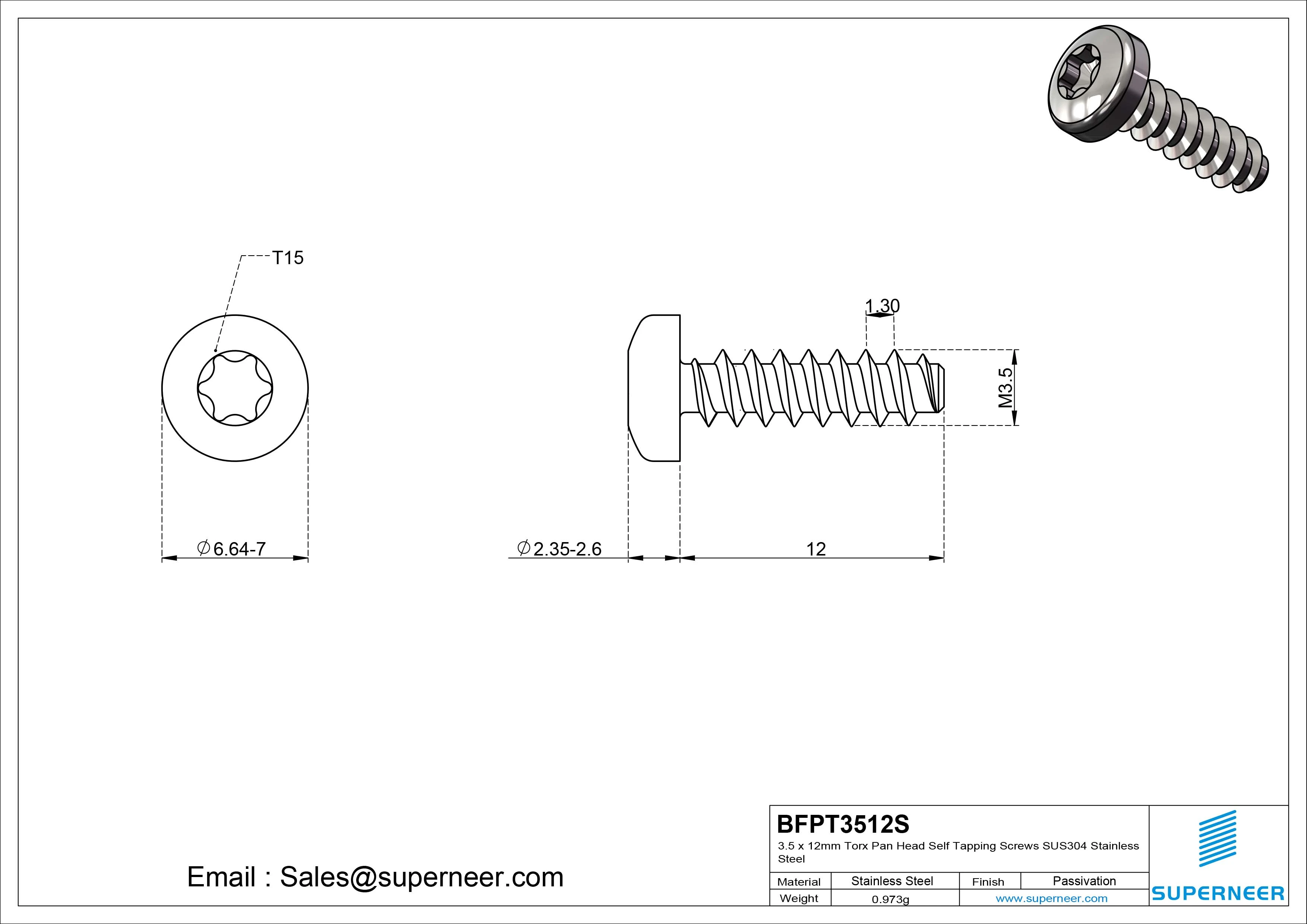 3.5 x 12mm Torx Pan Head Self Tapping Screws SUS304 Stainless Steel