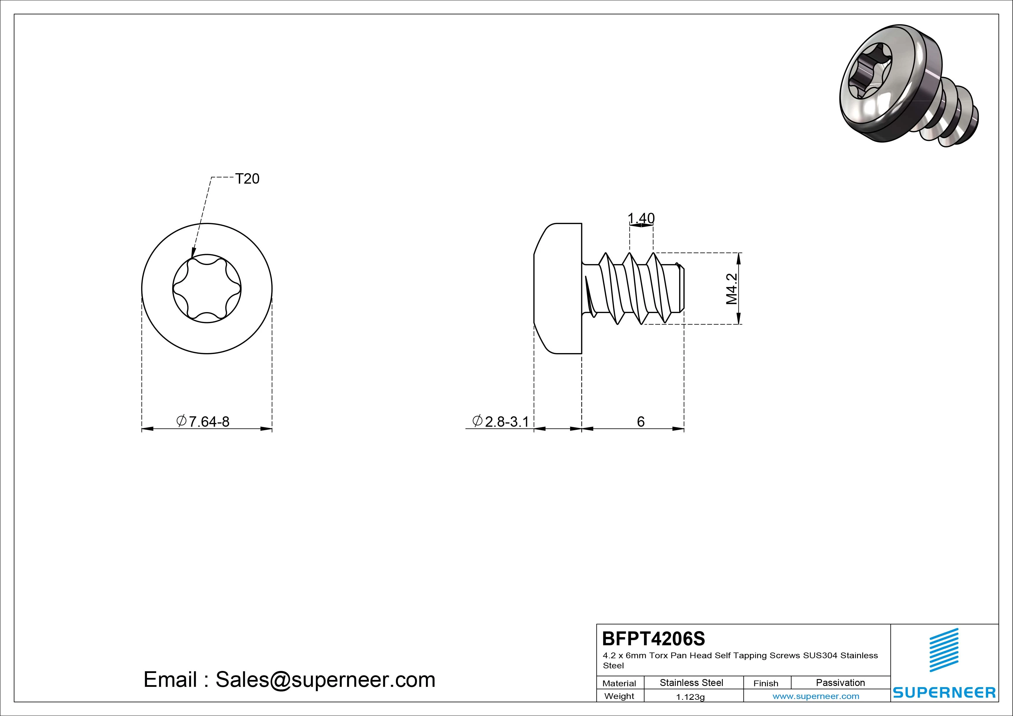 4.2 x 6mm Torx Pan Head Self Tapping Screws SUS304 Stainless Steel