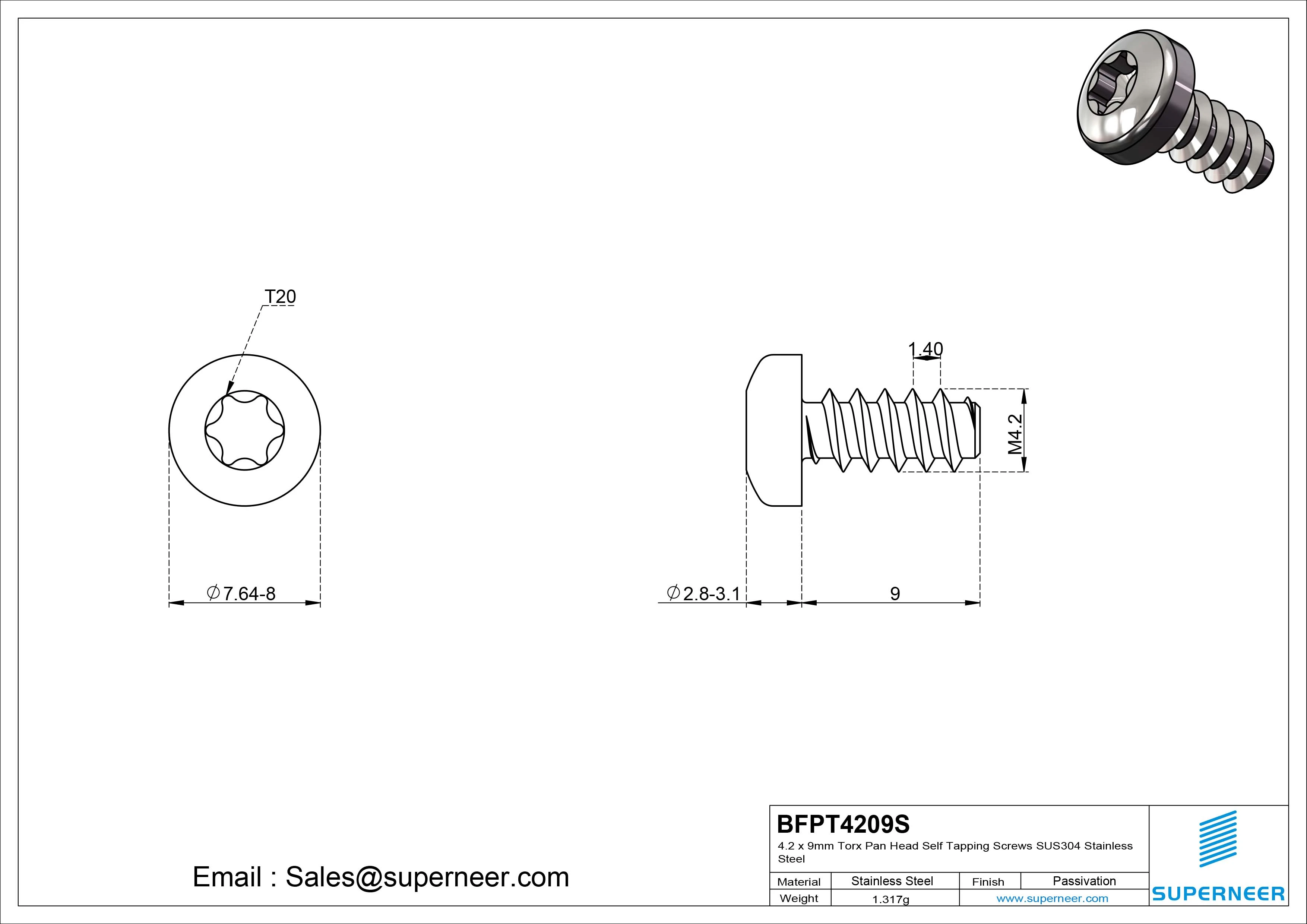 4.2 x 9mm Torx Pan Head Self Tapping Screws SUS304 Stainless Steel