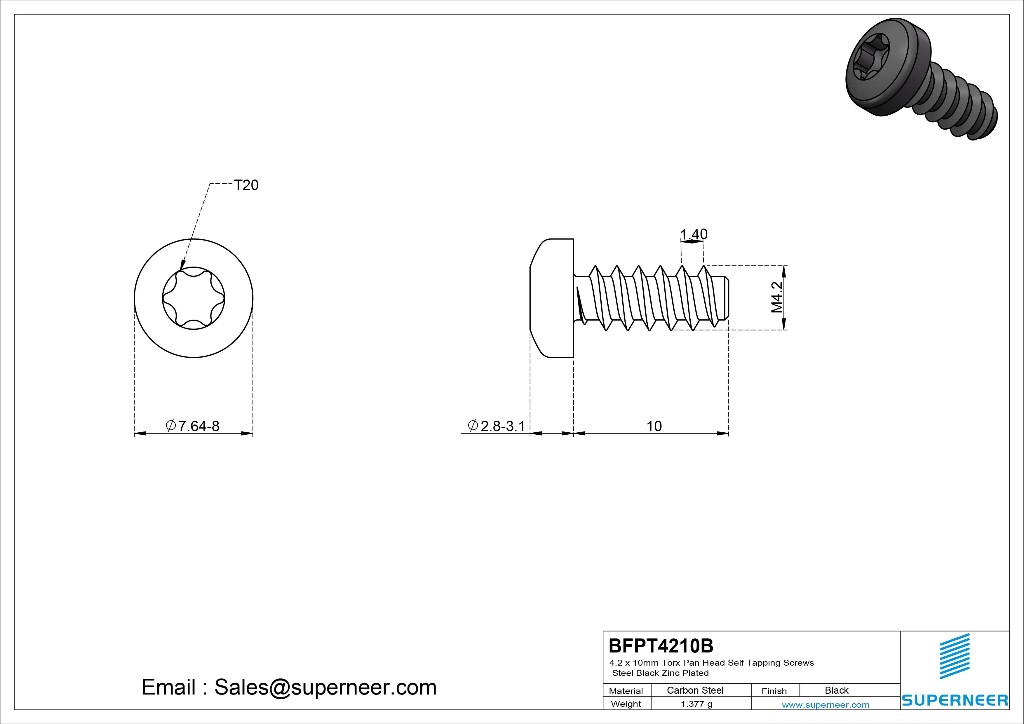 4.2 x 10mm Torx Pan Head Self Tapping Screws Steel Black Zinc Plated
