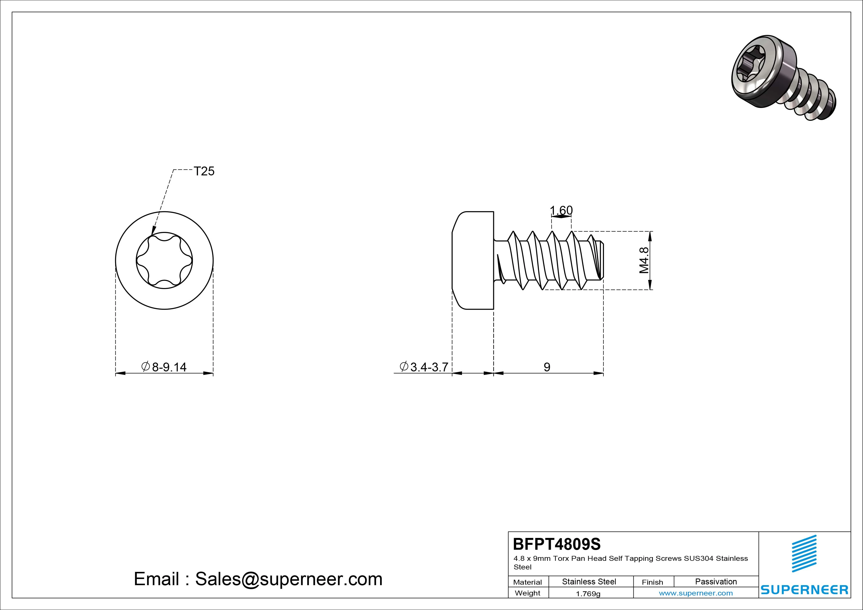 4.9 x 9mm Torx Pan Head Self Tapping Screws SUS304 Stainless Steel