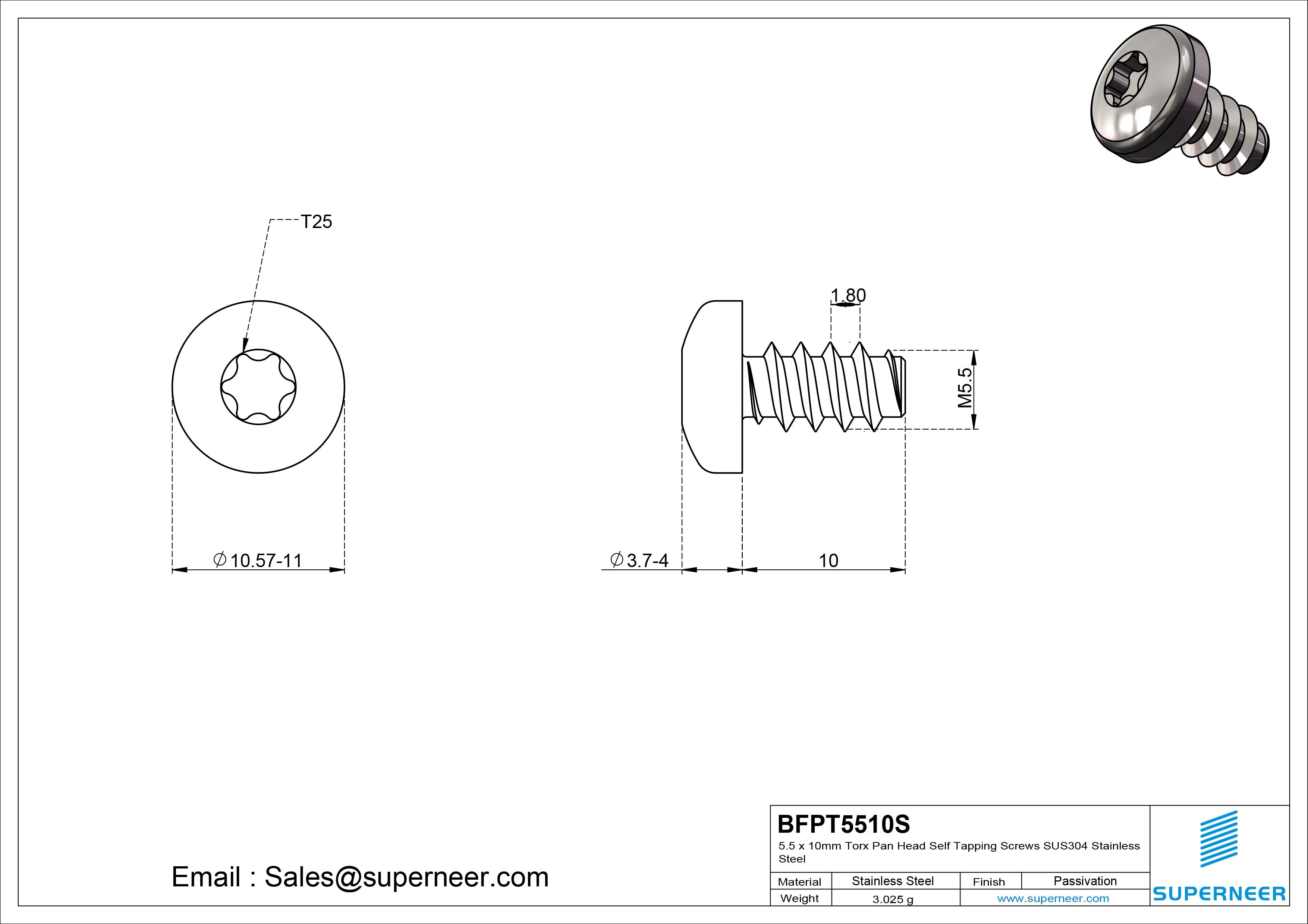 5.5 x 10mm Torx Pan Head Self Tapping Screws SUS304 Stainless Steel