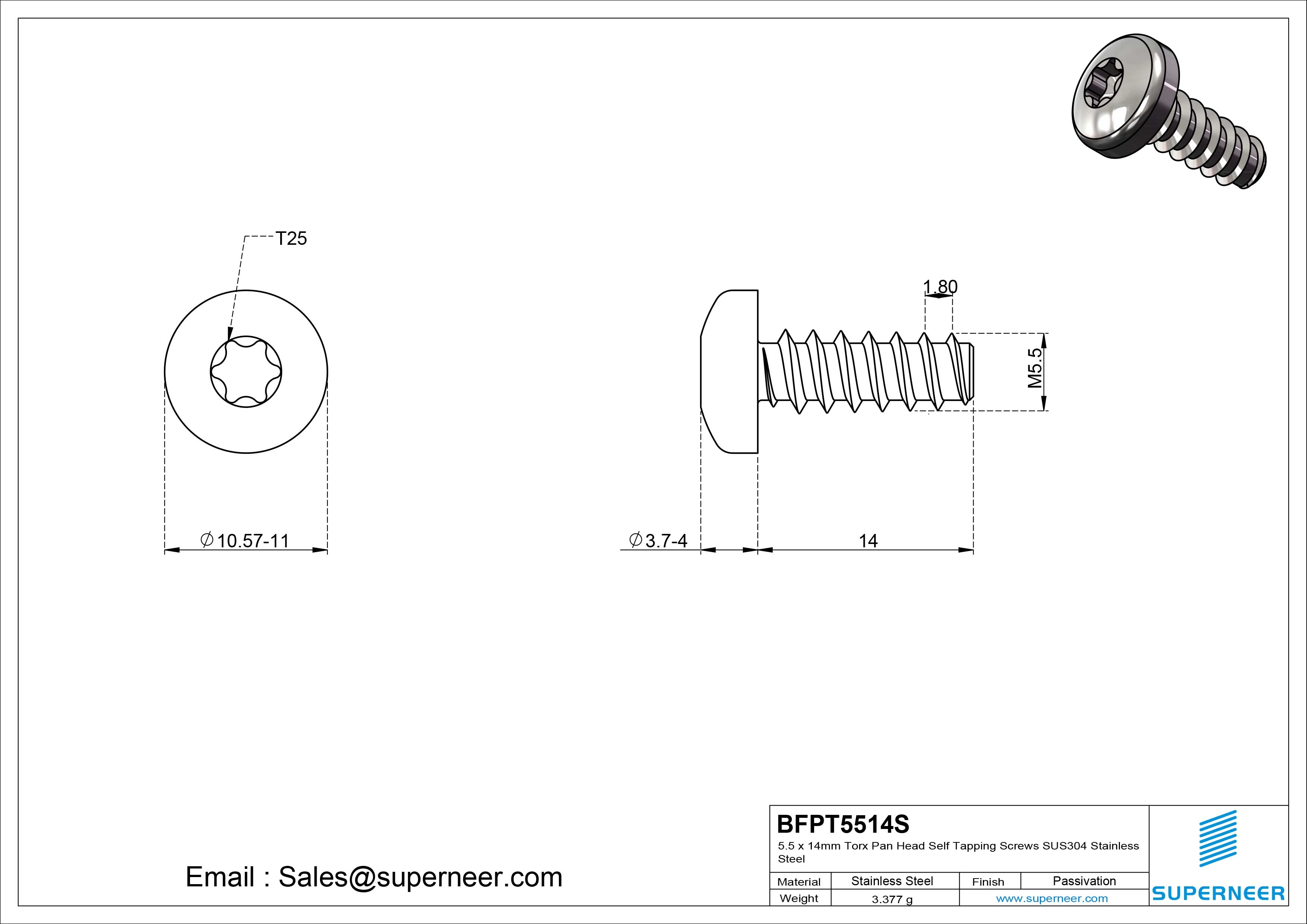 5.5 x 14mm Torx Pan Head Self Tapping Screws SUS304 Stainless Steel
