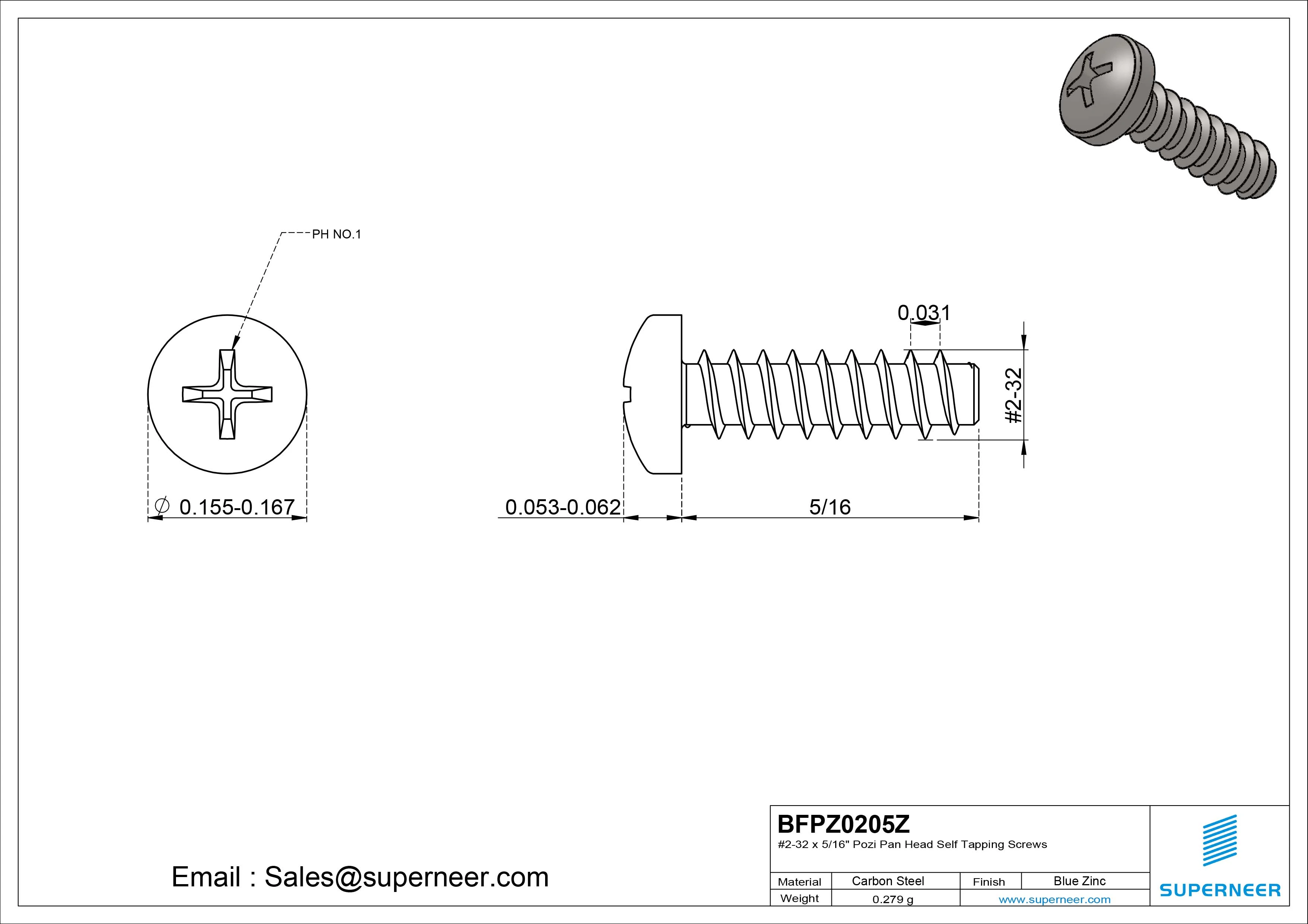 #2-32 x 5/16" Pozi Pan Head Self Tapping Screws Steel Blue Zinc Plated