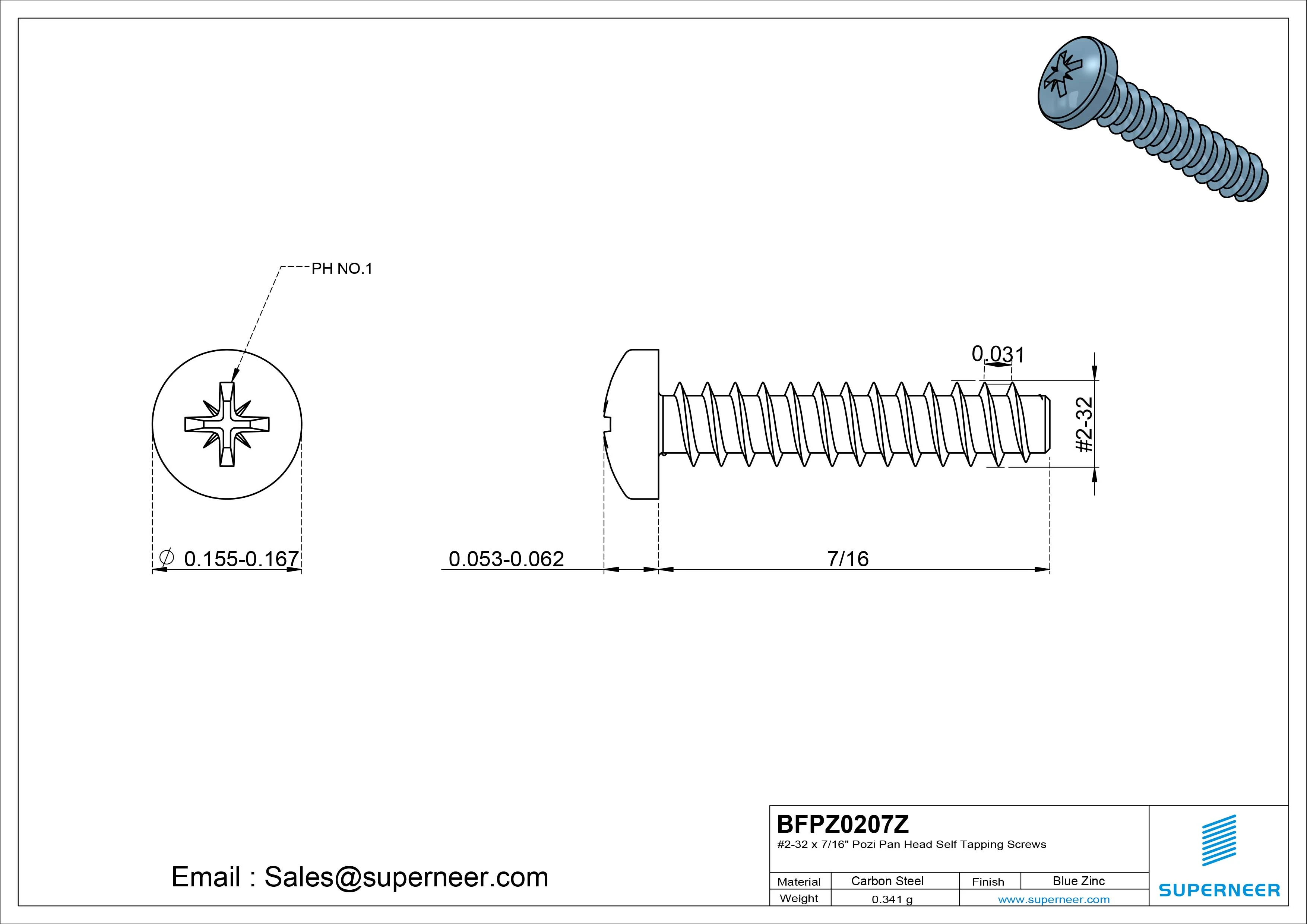 #2-32 x 7/16" Pozi Pan Head Self Tapping Screws Steel Blue Zinc Plated