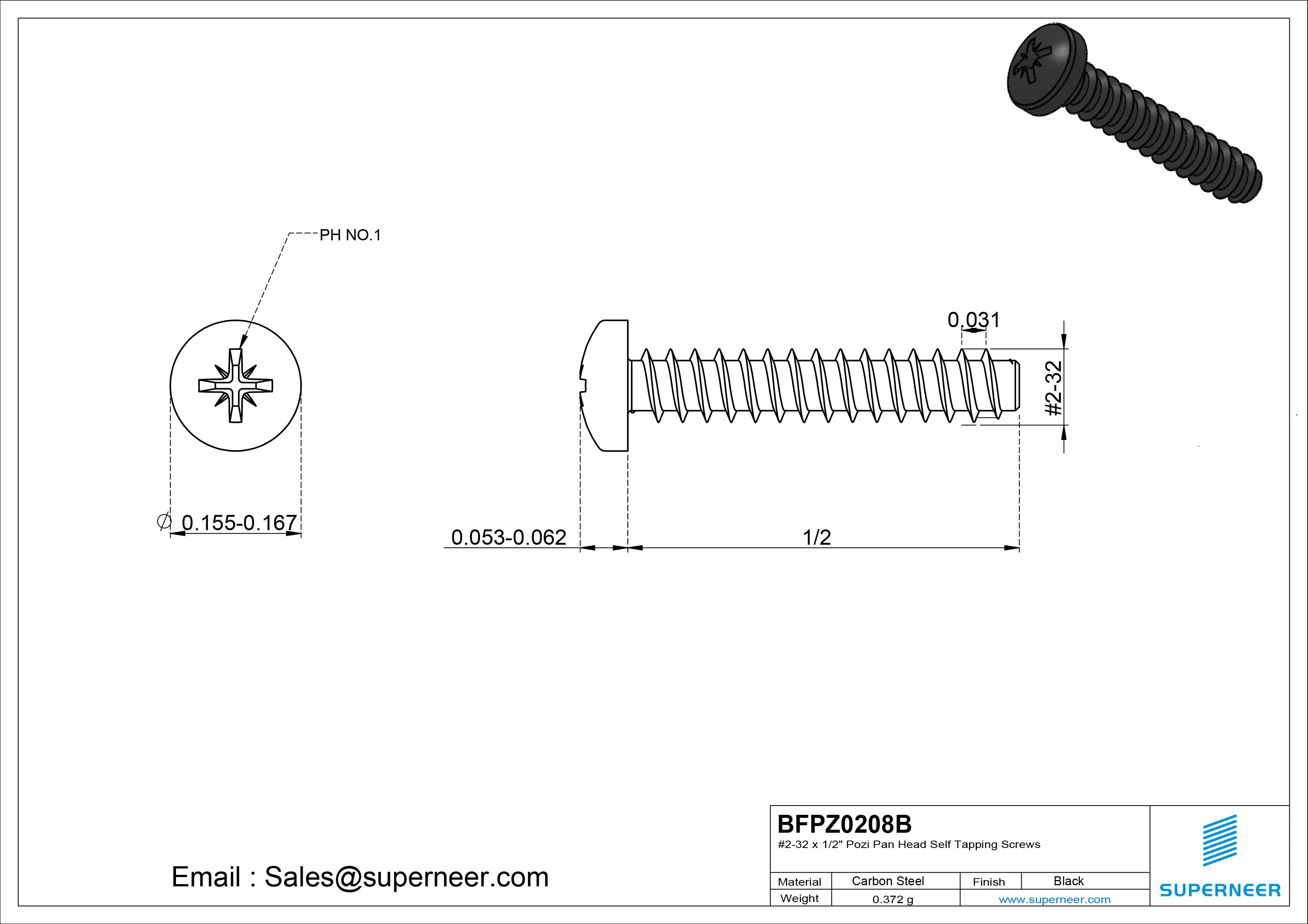 #2-32 x 1/2" Pozi Pan Head Self Tapping Screws Steel Black Zinc Plated