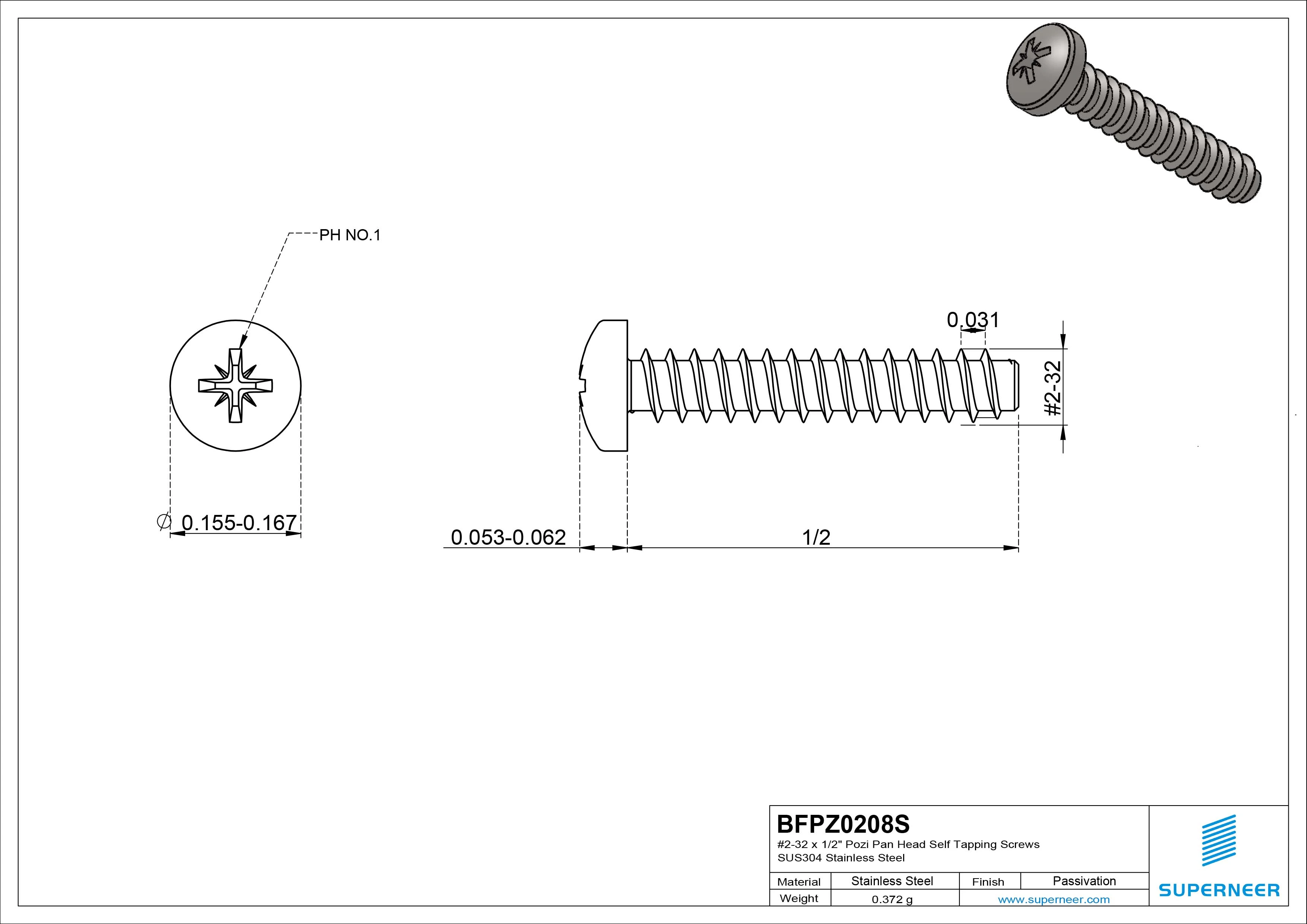 #2-32 x 1/2" Pozi Pan Head Self Tapping Screws SUS304 Stainless Steel