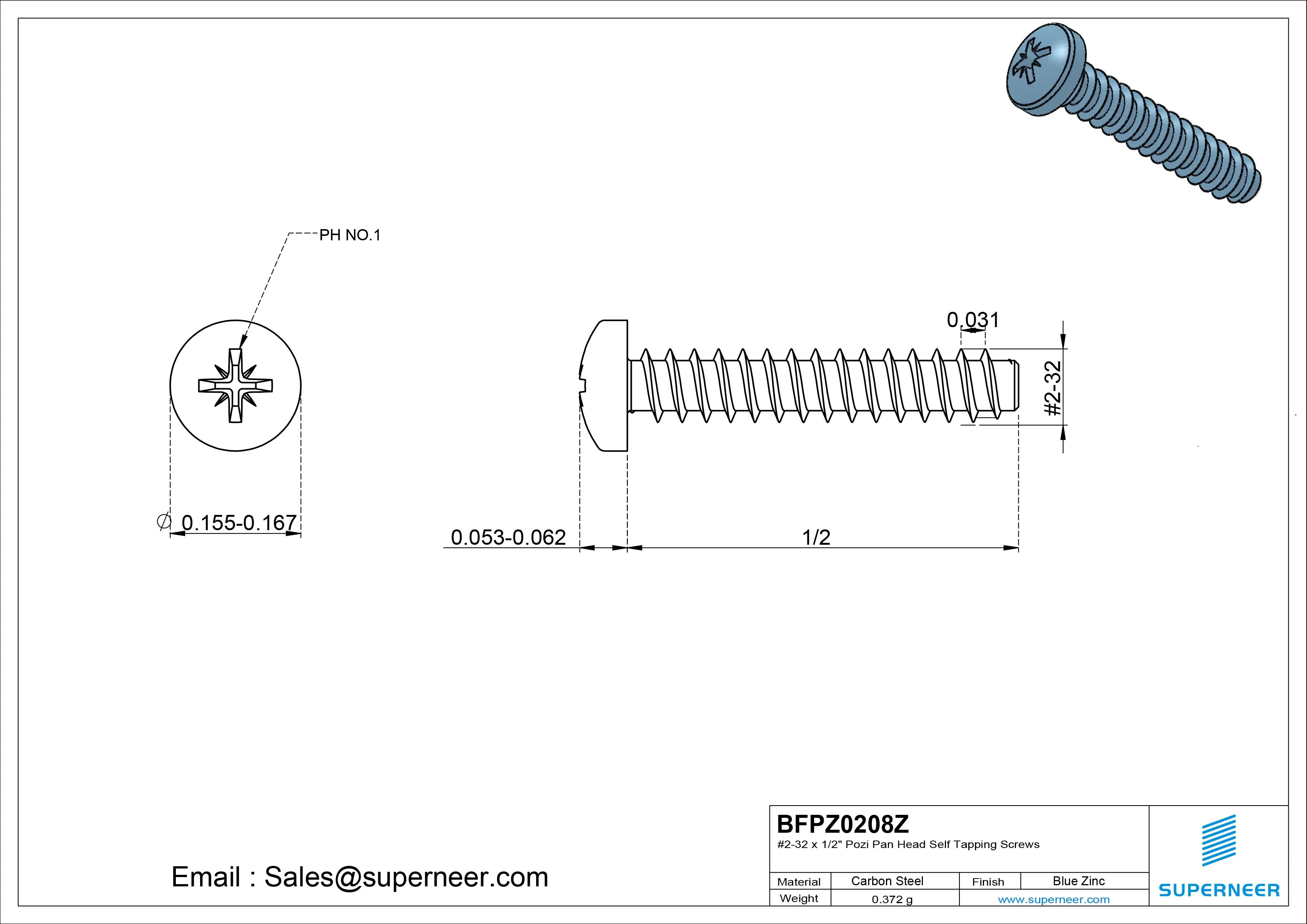 #2-32 x 1/2" Pozi Pan Head Self Tapping Screws Steel Blue Zinc Plated