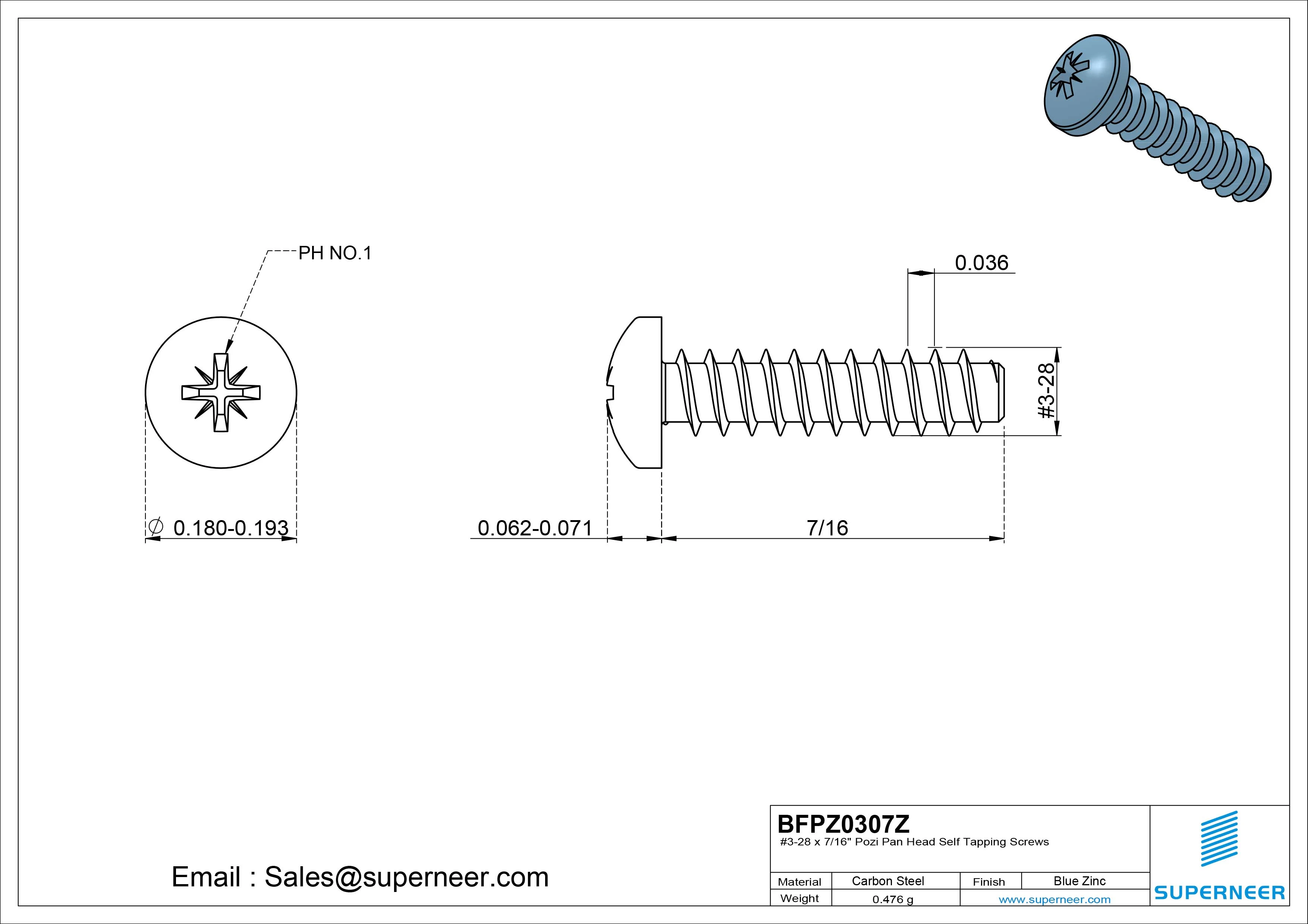 #3-28 x 7/16" Pozi Pan Head Self Tapping Screws Steel Blue Zinc Plated