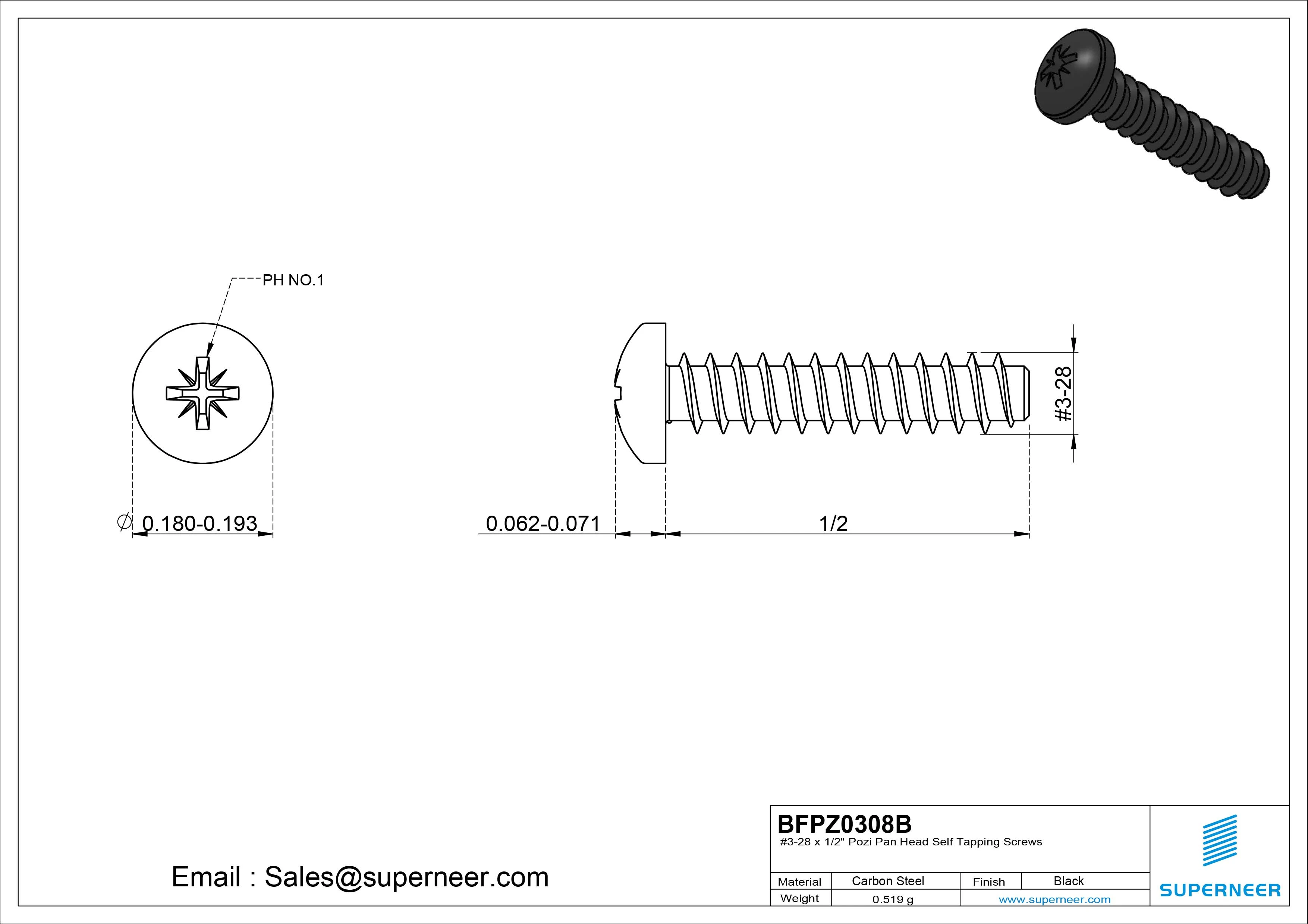 #3-28 x 1/2" Pozi Pan Head Self Tapping Screws Steel Black Zinc Plated