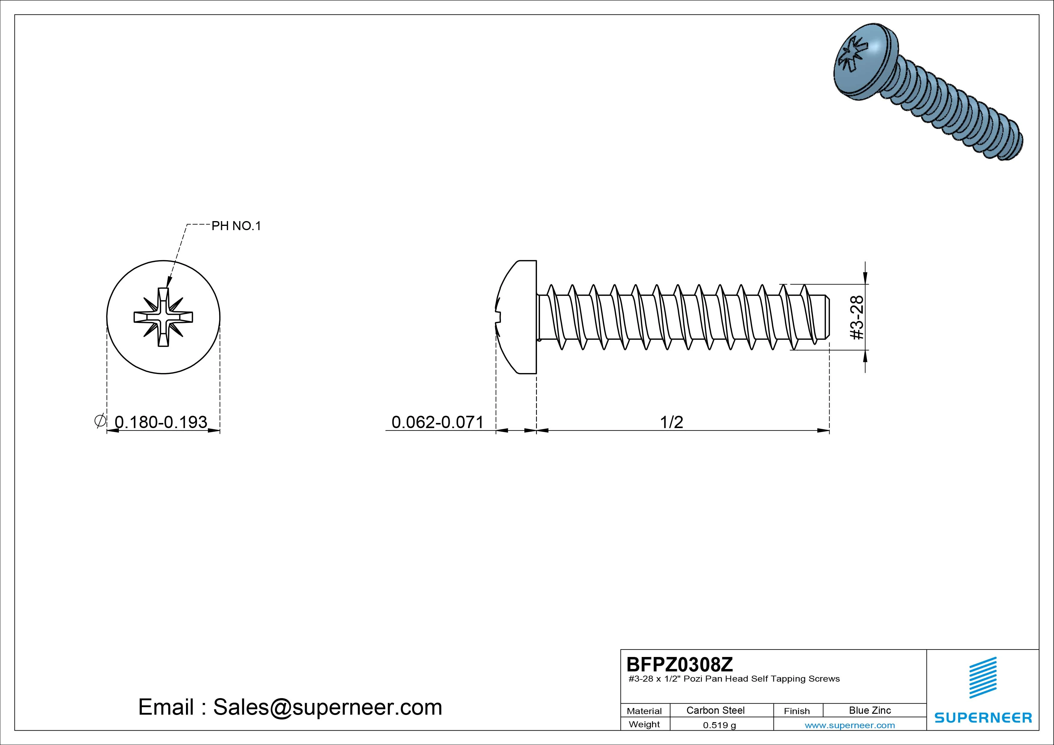 #3-28 x 1/2" Pozi Pan Head Self Tapping Screws Steel Blue Zinc Plated