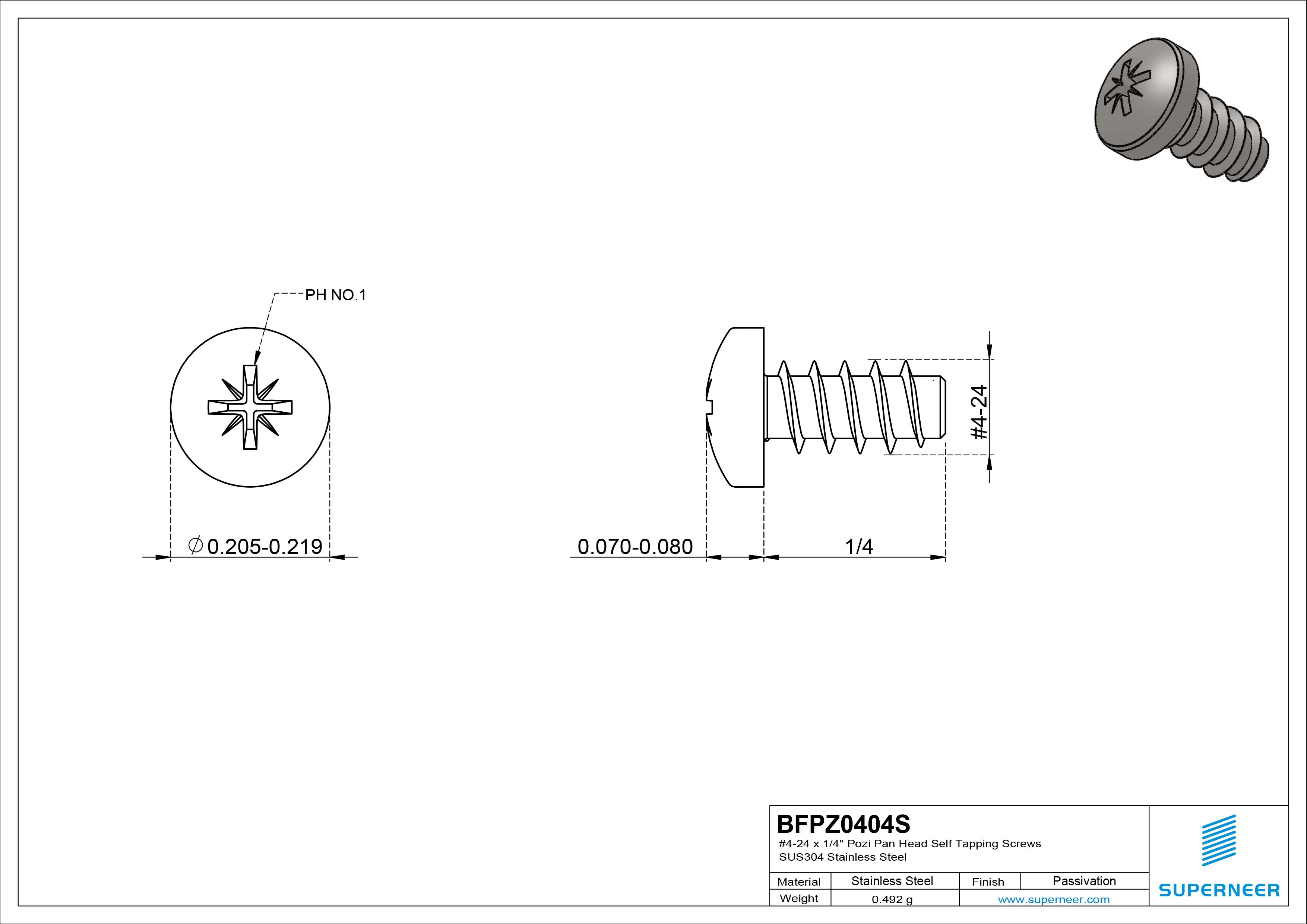 #4-24 x 1/4" Pozi Pan Head Self Tapping Screws SUS304 Stainless Steel