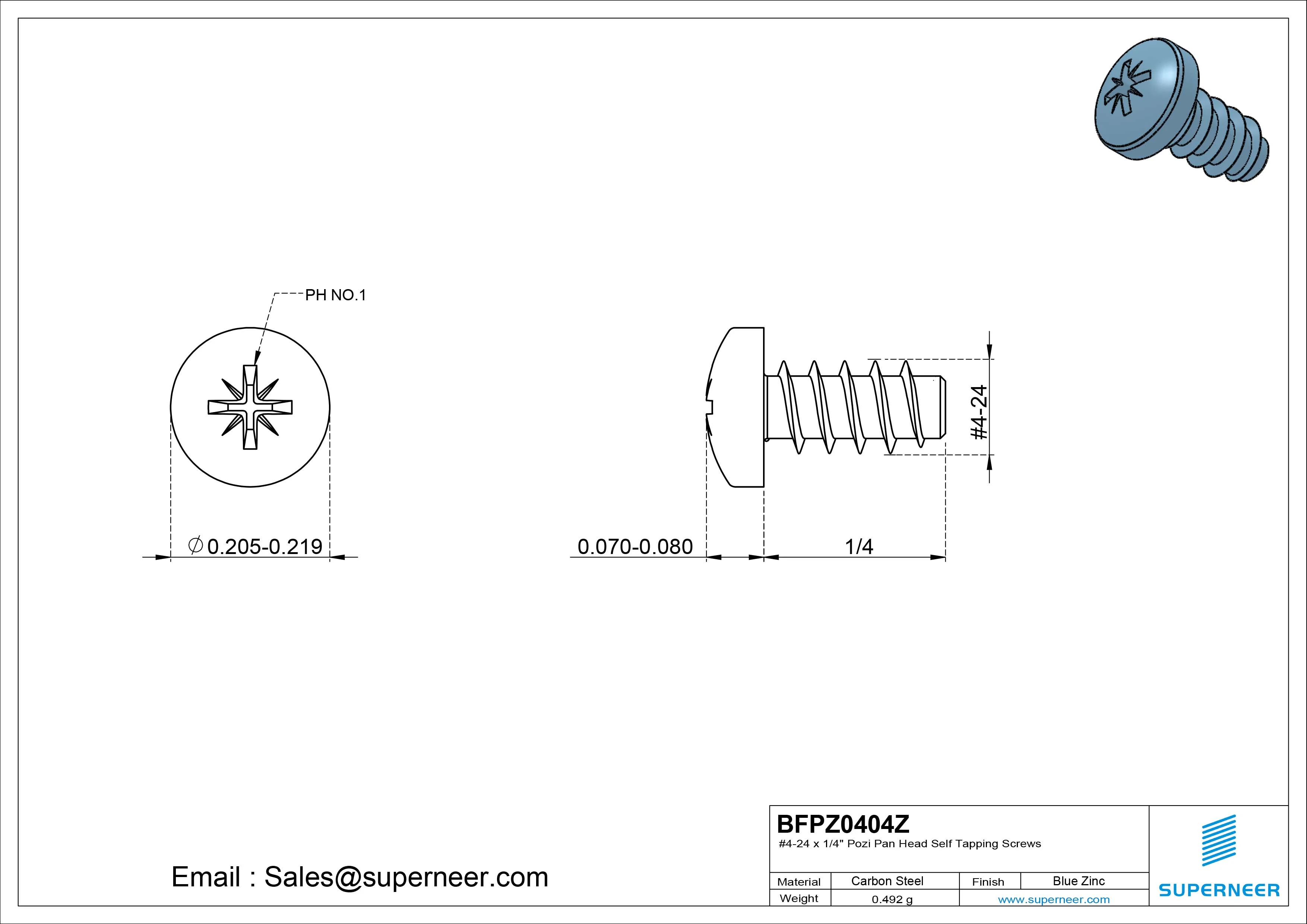 #4-24 x 1/4" Pozi Pan Head Self Tapping Screws Steel Blue Zinc Plated