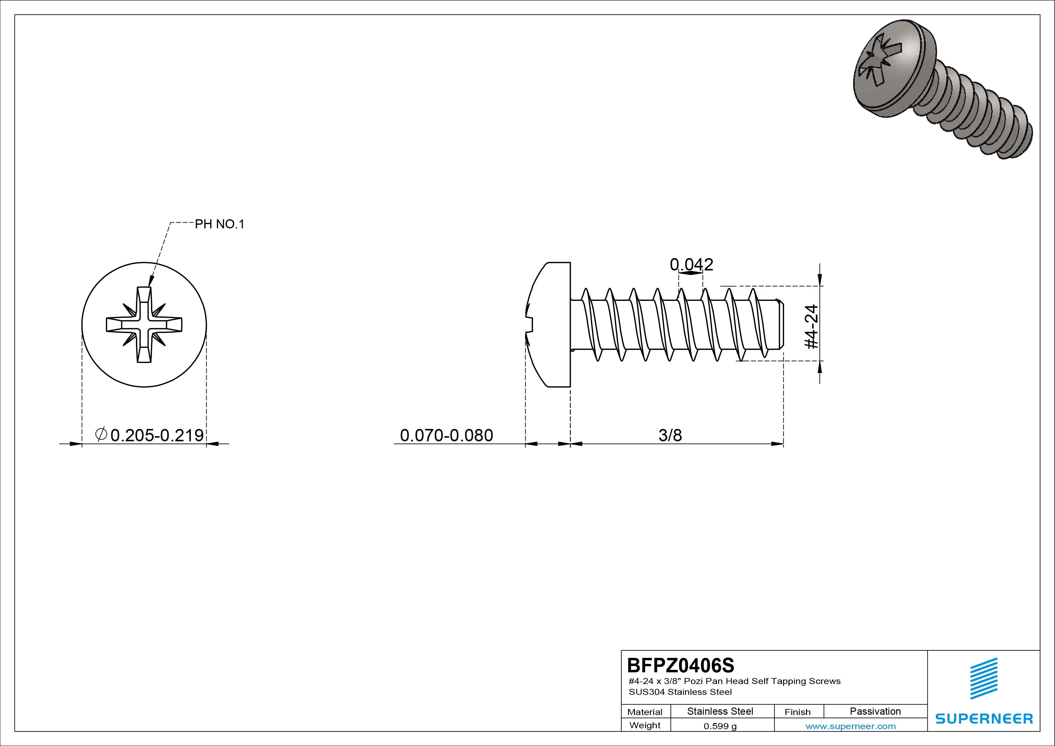 #4-24 x 3/8" Pozi Pan Head Self Tapping Screws SUS304 Stainless Steel