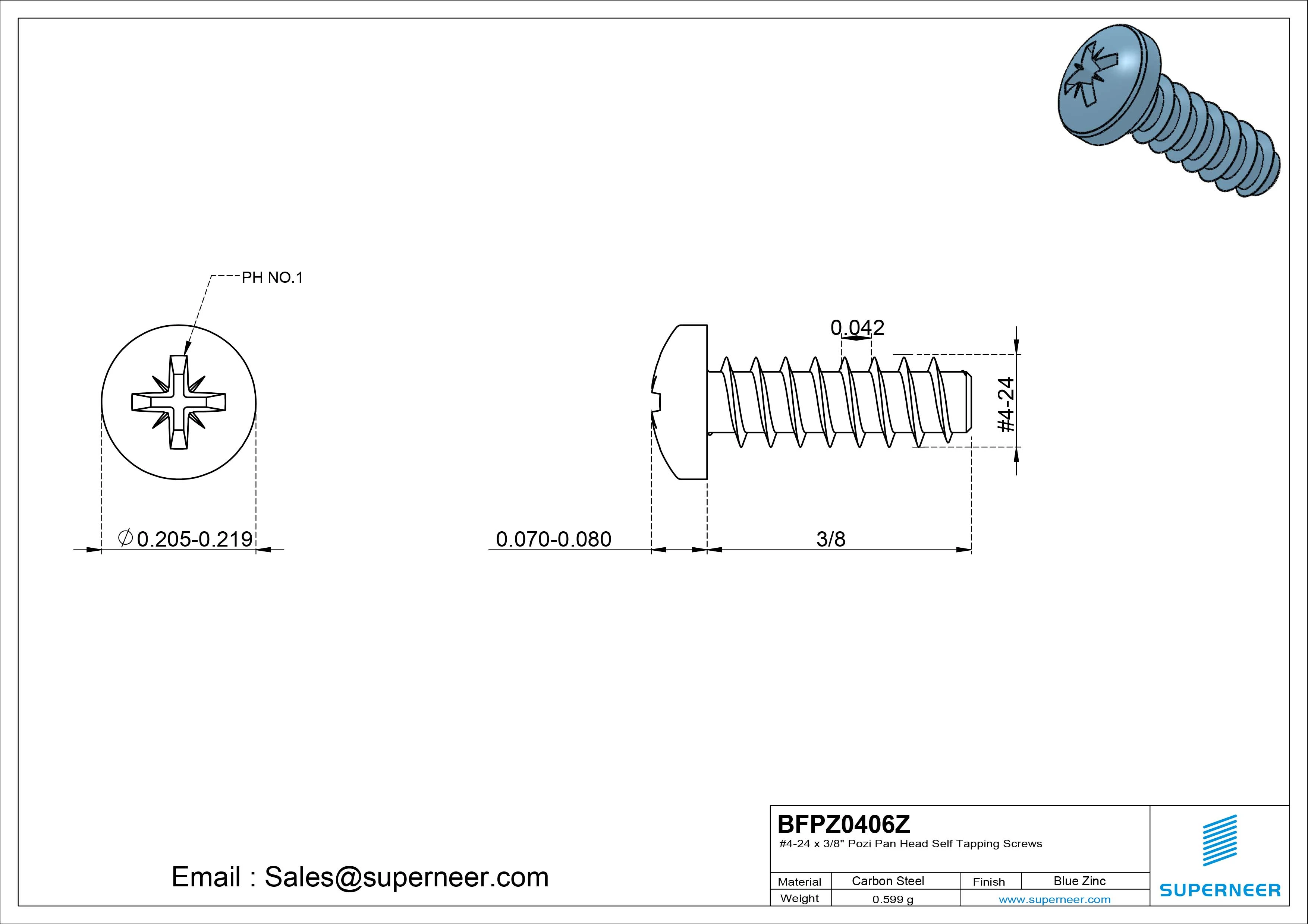 #4-24 x 3/8" Pozi Pan Head Self Tapping Screws Steel Blue Zinc Plated