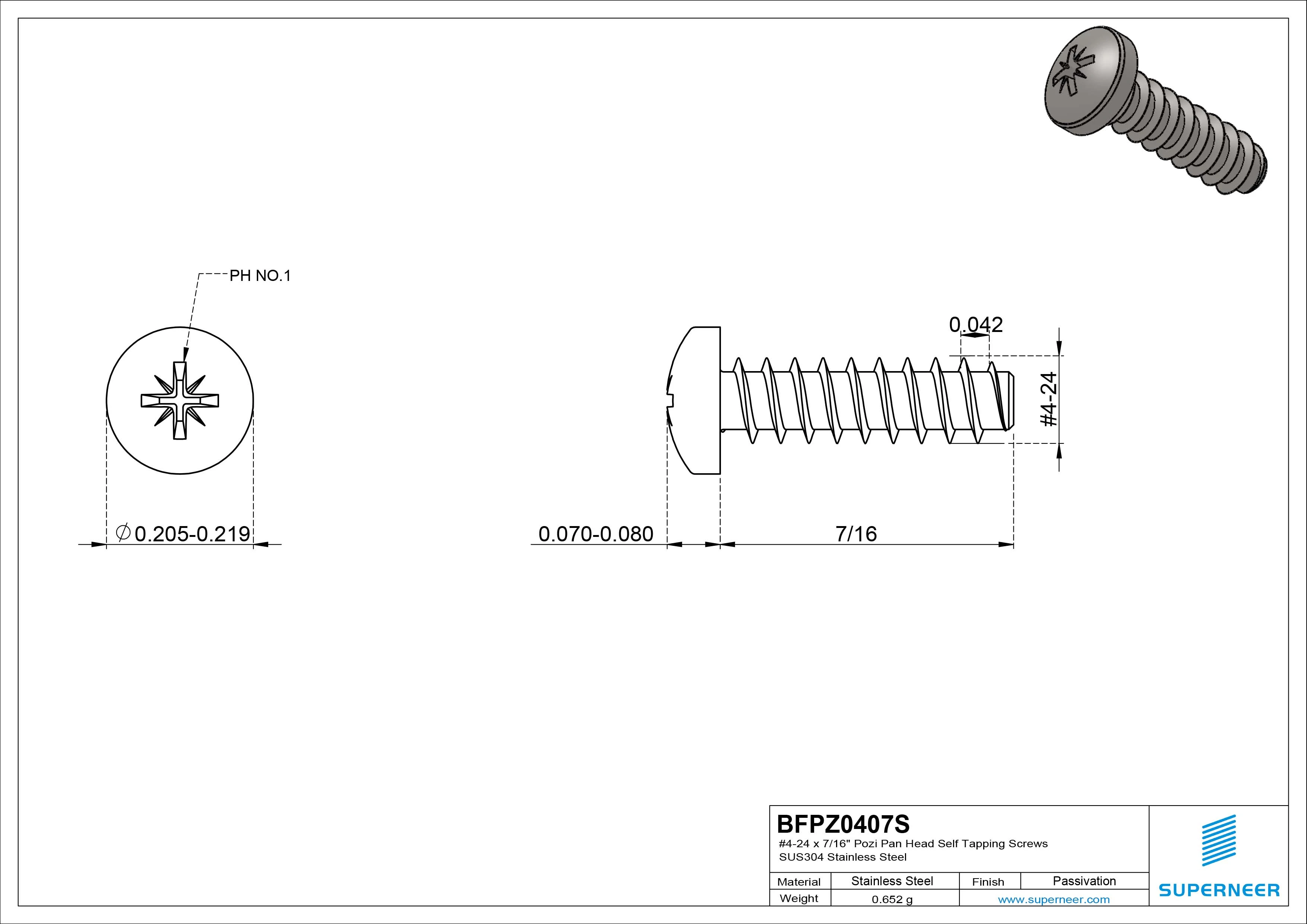 #4-24 x 7/16" Pozi Pan Head Self Tapping Screws SUS304 Stainless Steel