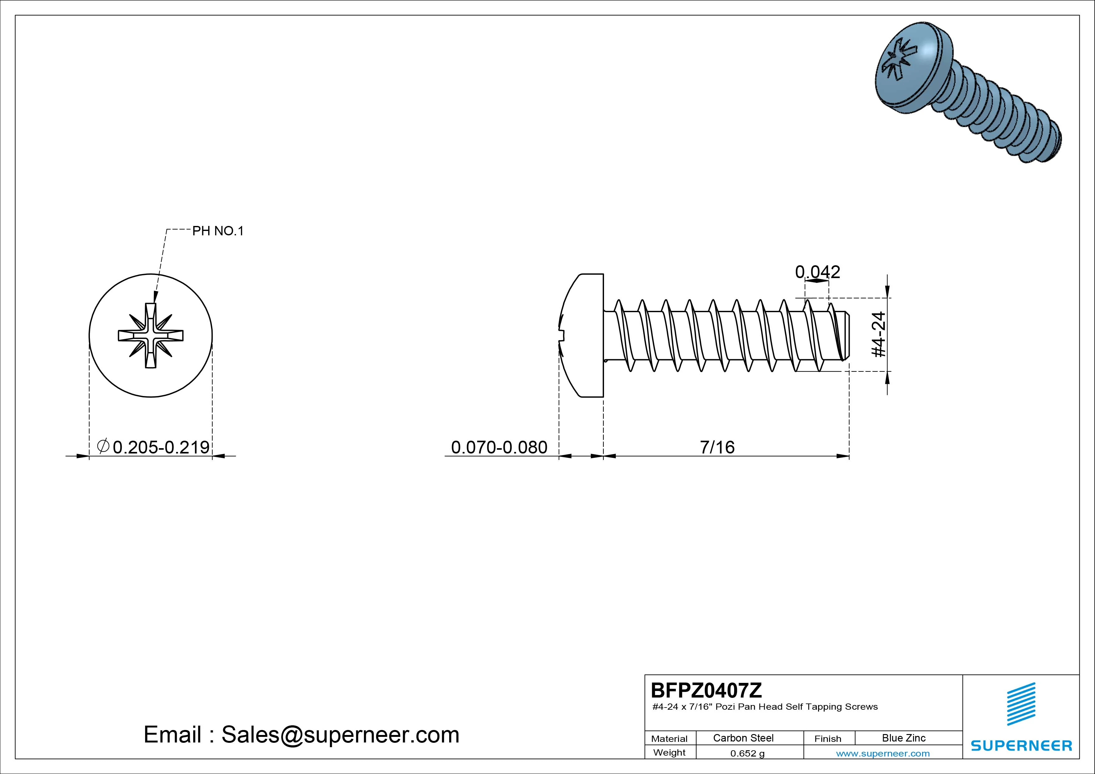 #4-24 x 7/16" Pozi Pan Head Self Tapping Screws Steel Blue Zinc Plated