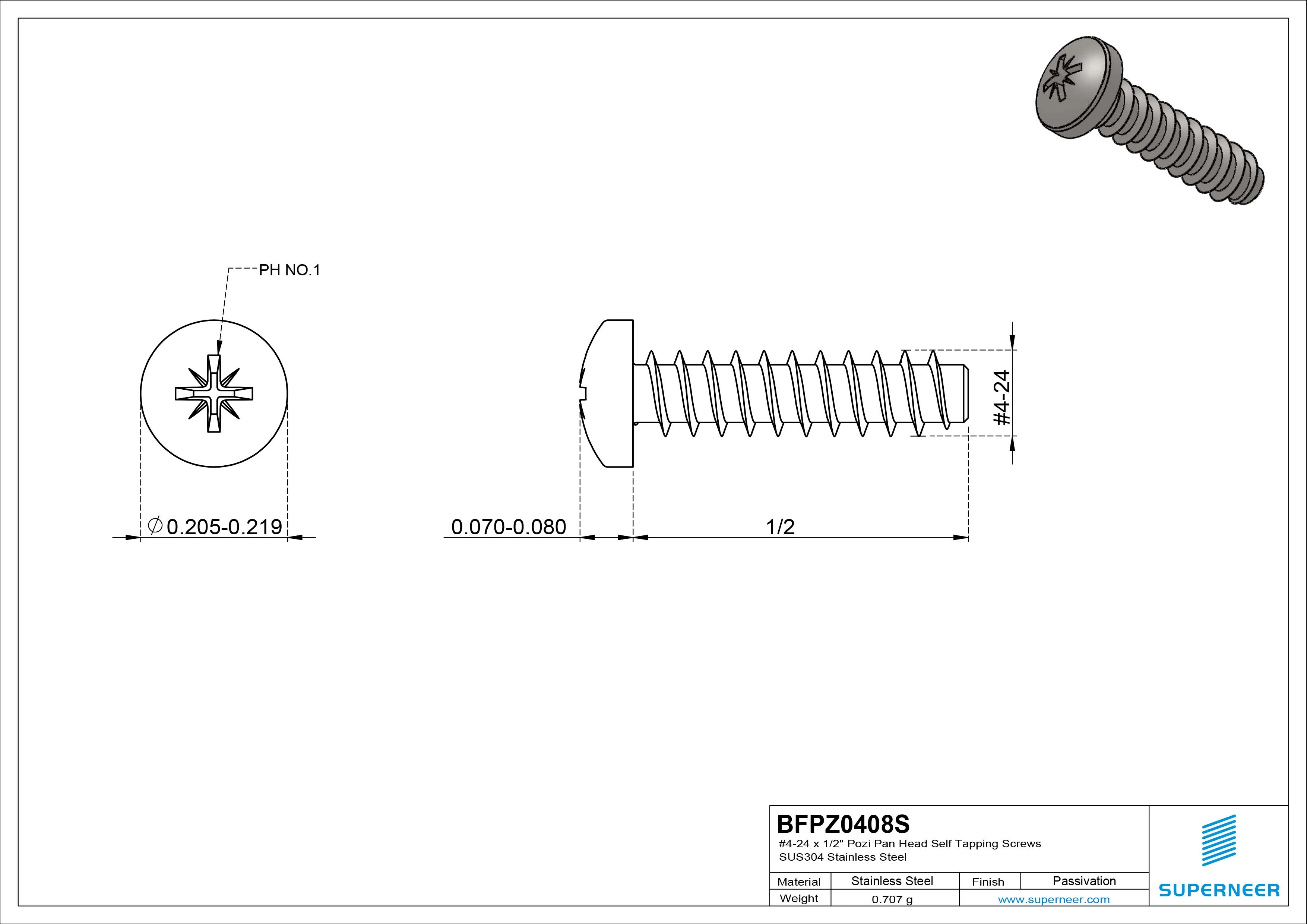 #4-24 x 1/2" Pozi Pan Head Self Tapping Screws SUS304 Stainless Steel