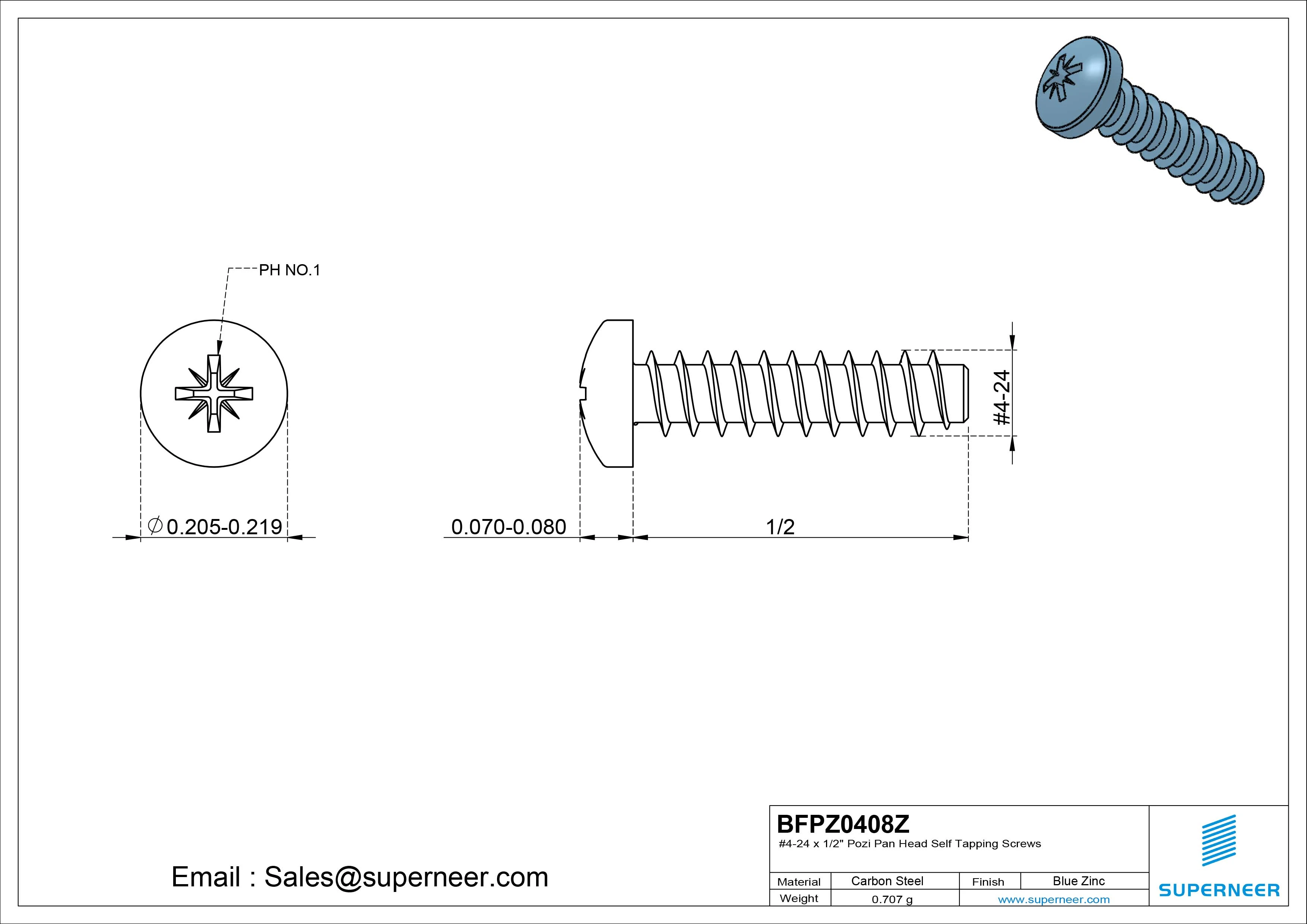 #4-24 x 1/2" Pozi Pan Head Self Tapping Screws Steel Blue Zinc Plated
