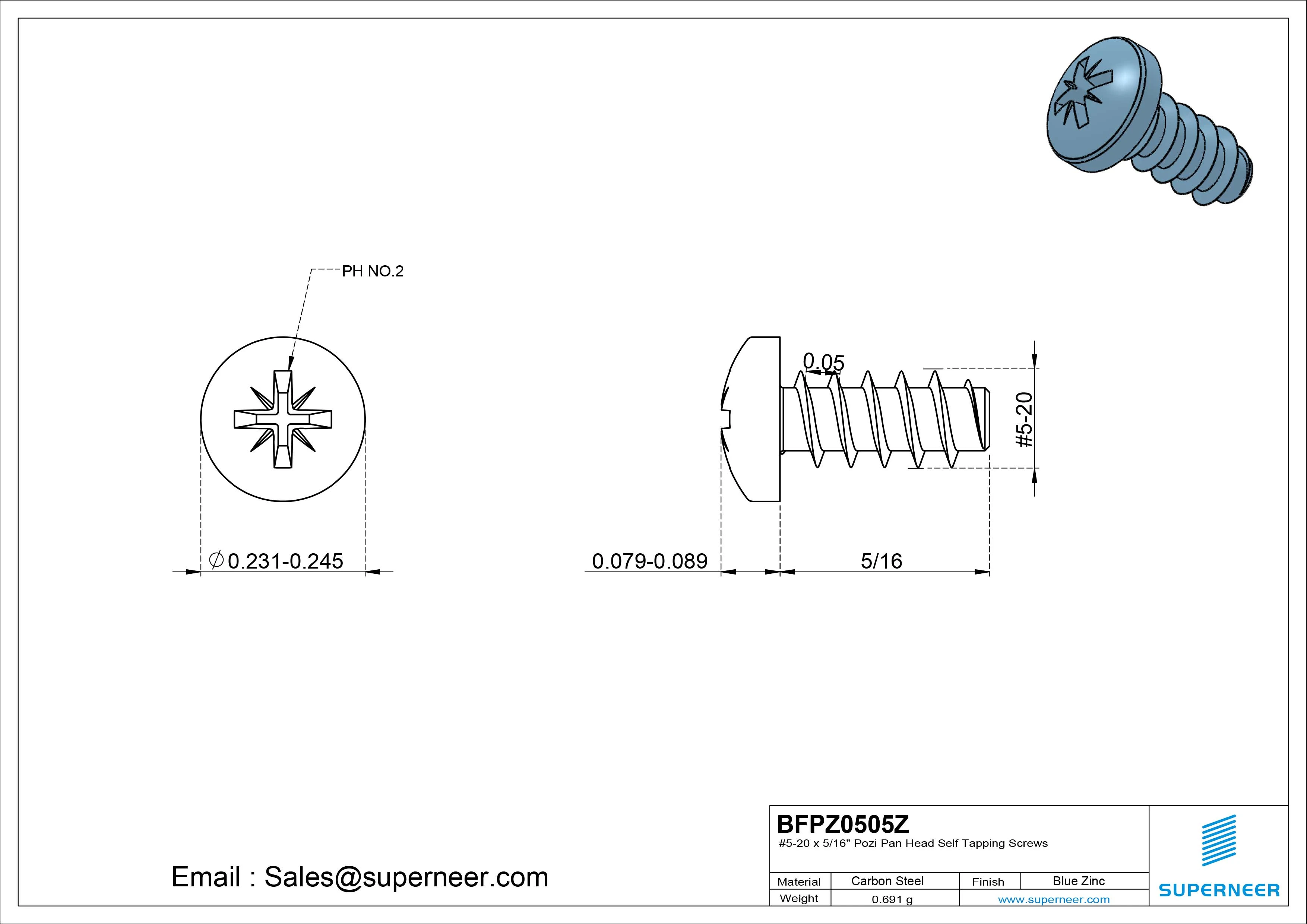 #5-20 x 5/16" Pozi Pan Head Self Tapping Screws Steel Blue Zinc Plated