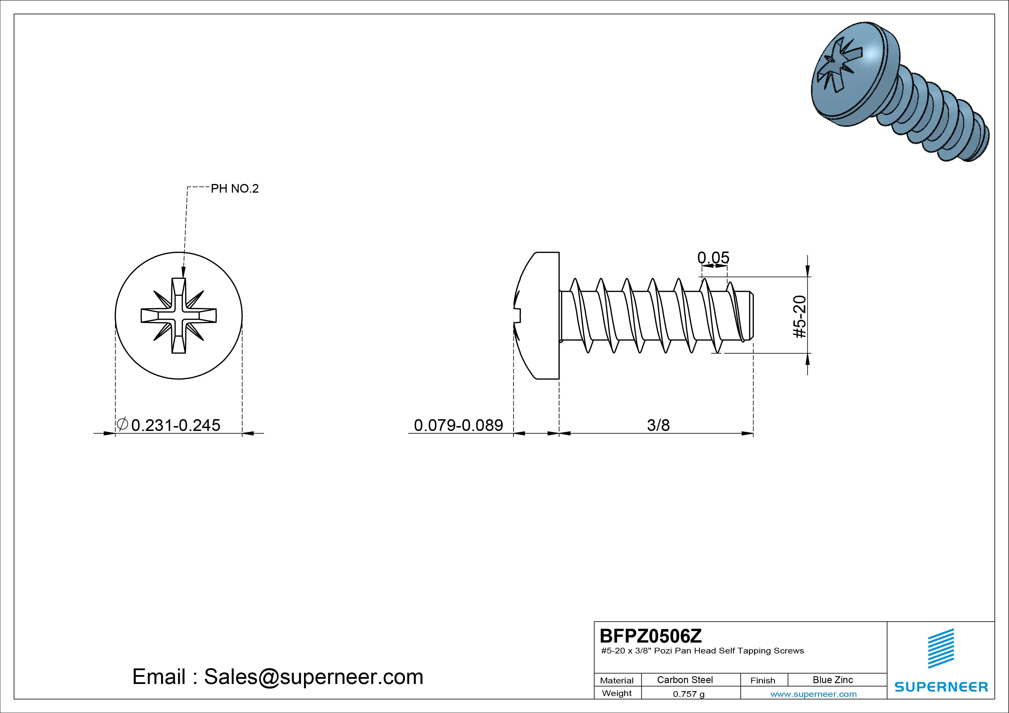 #5-20 x 3/8" Pozi Pan Head Self Tapping Screws Steel Blue Zinc Plated