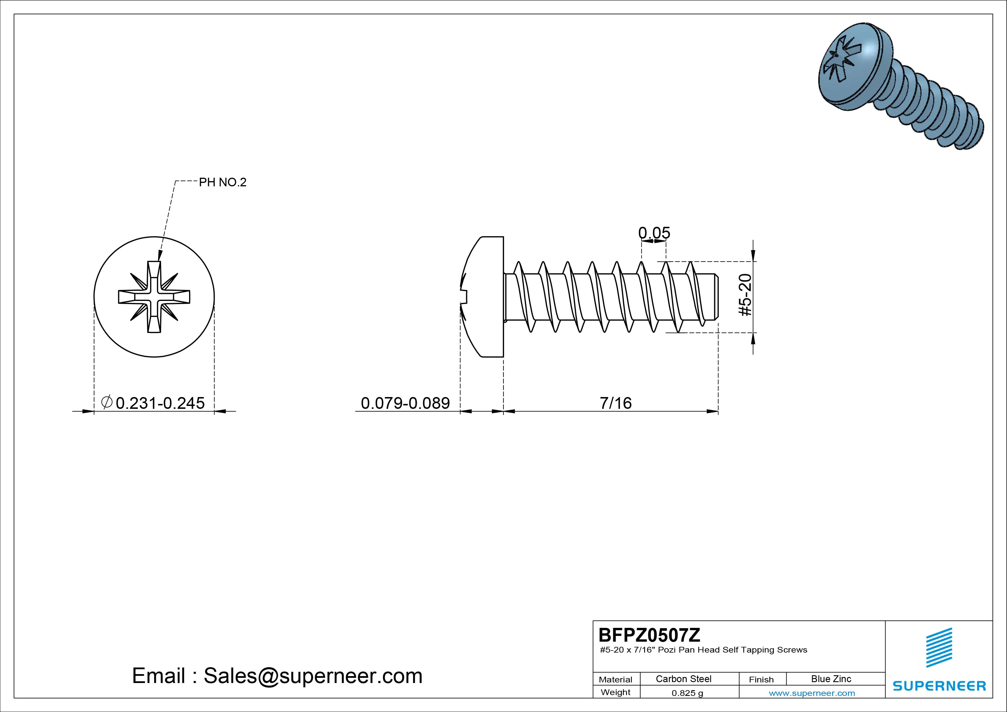 #5-20 x 7/16" Pozi Pan Head Self Tapping Screws Steel Blue Zinc Plated