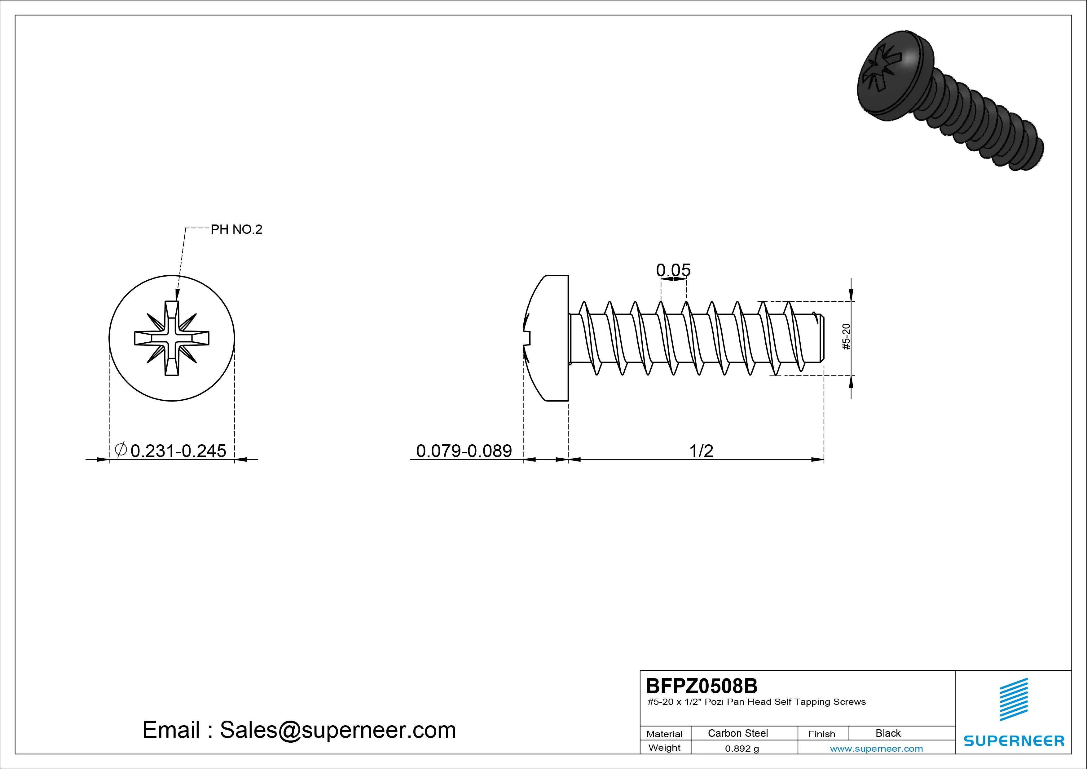 #5-20 x 1/2" Pozi Pan Head Self Tapping Screws Steel Black Zinc Plated