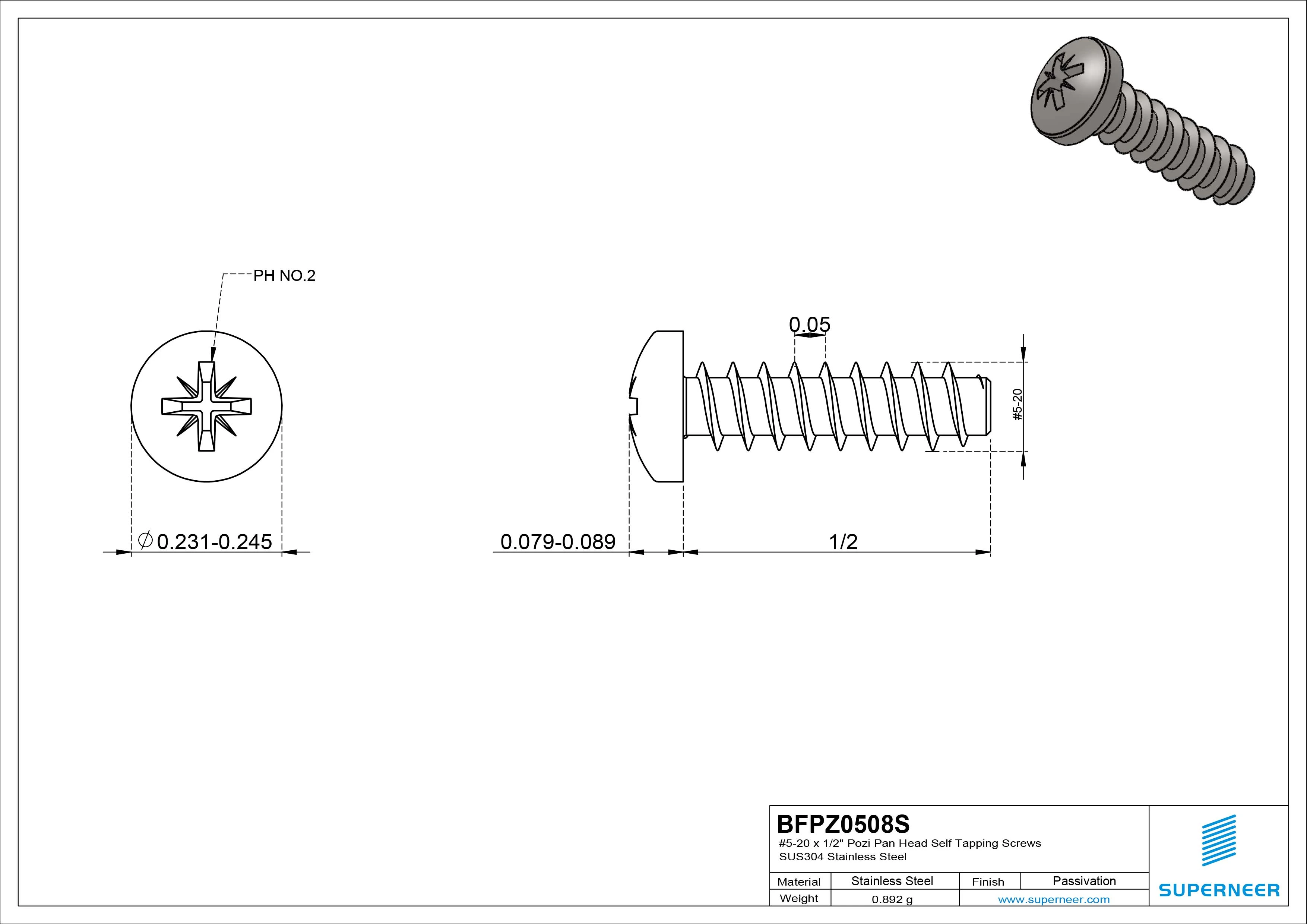 #5-20 x 1/2" Pozi Pan Head Self Tapping Screws SUS304 Stainless Steel