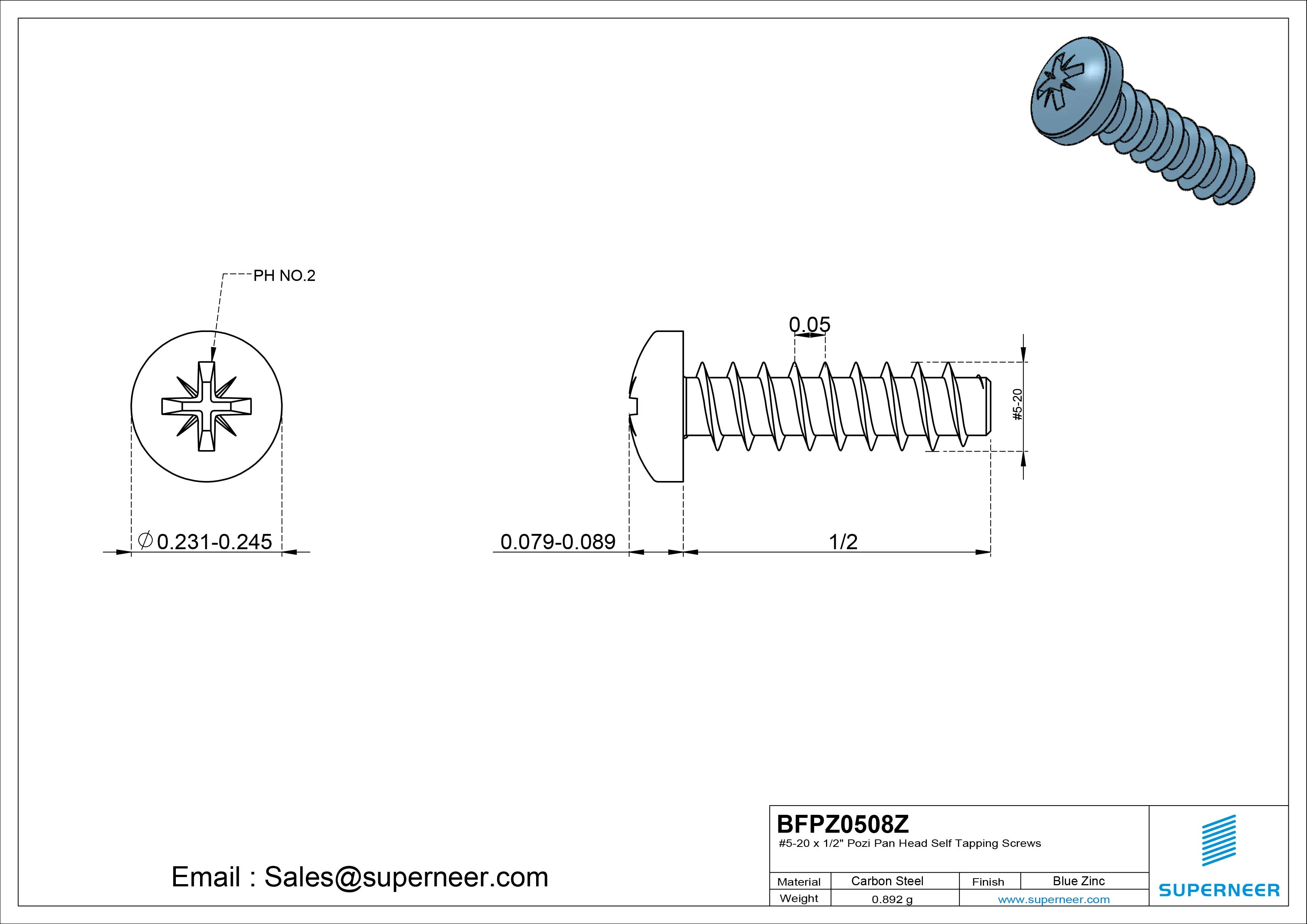 #5-20 x 1/2" Pozi Pan Head Self Tapping Screws Steel Blue Zinc Plated