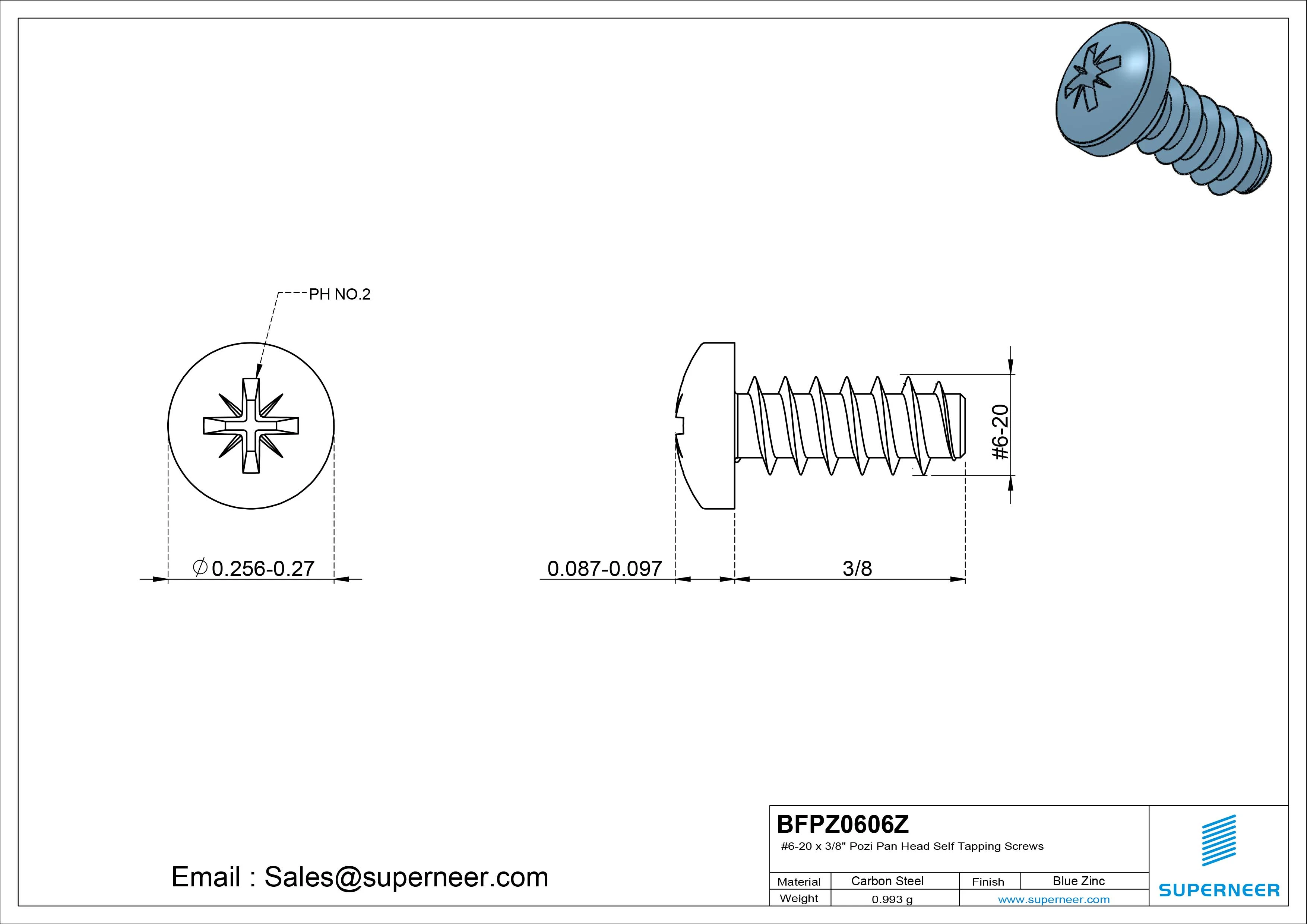 #6-20 x 3/8" Pozi Pan Head Self Tapping Screws Steel Blue Zinc Plated