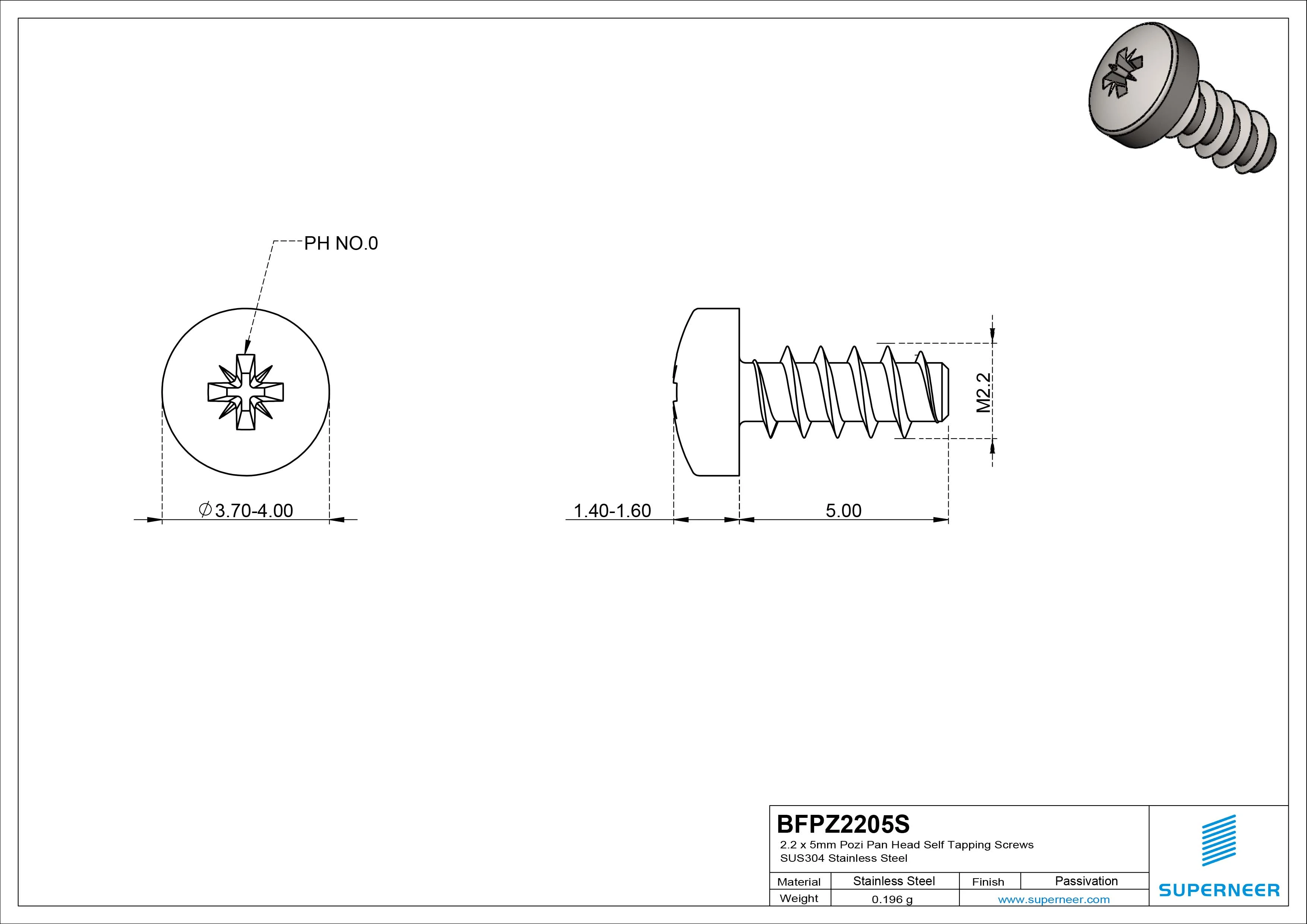 2.2 x 5mm Pozi Pan Head Self Tapping Screws SUS304 Stainless Steel