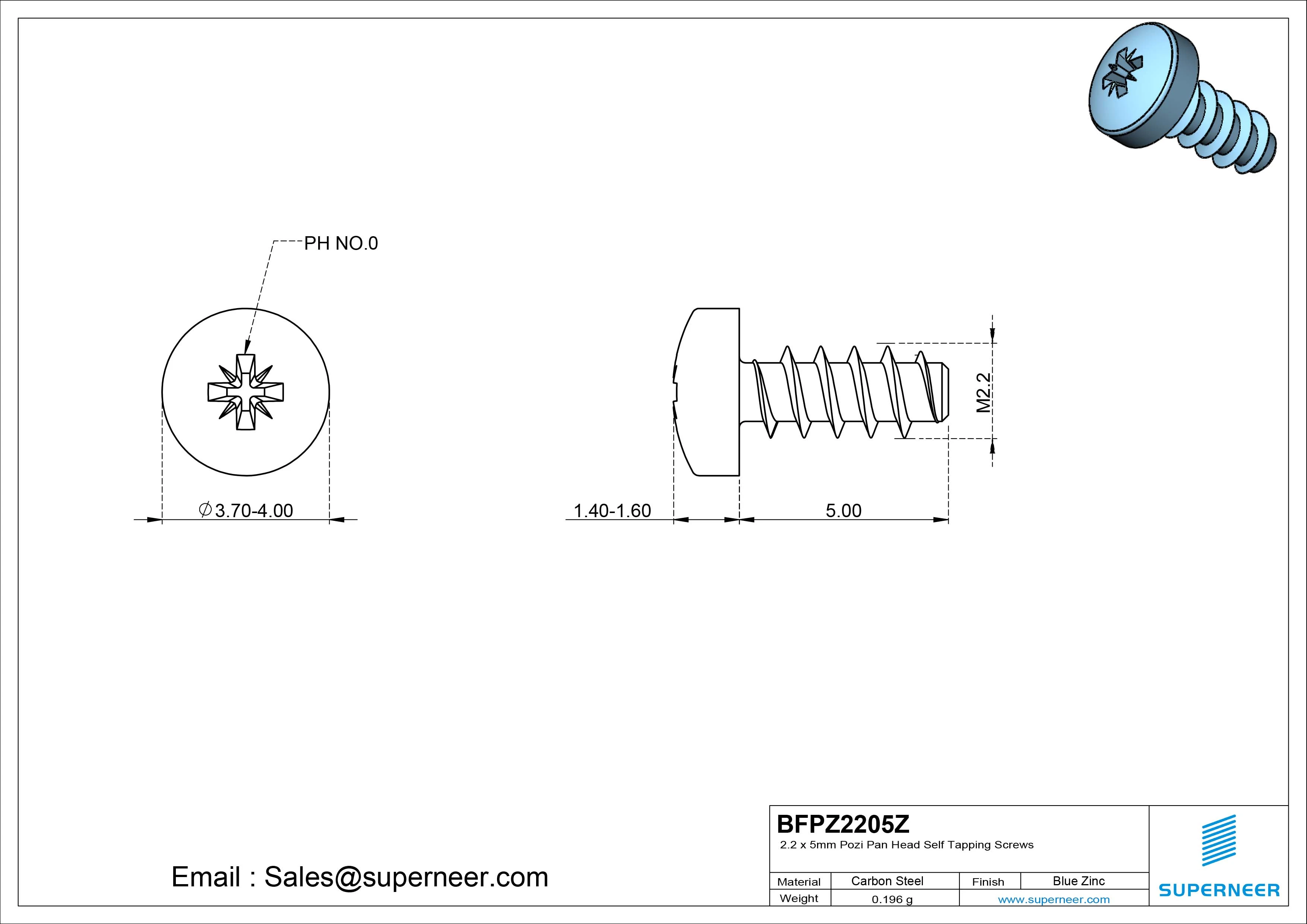 2.2 x 5mm Pozi Pan Head Self Tapping Screws Steel Blue Zinc Plated