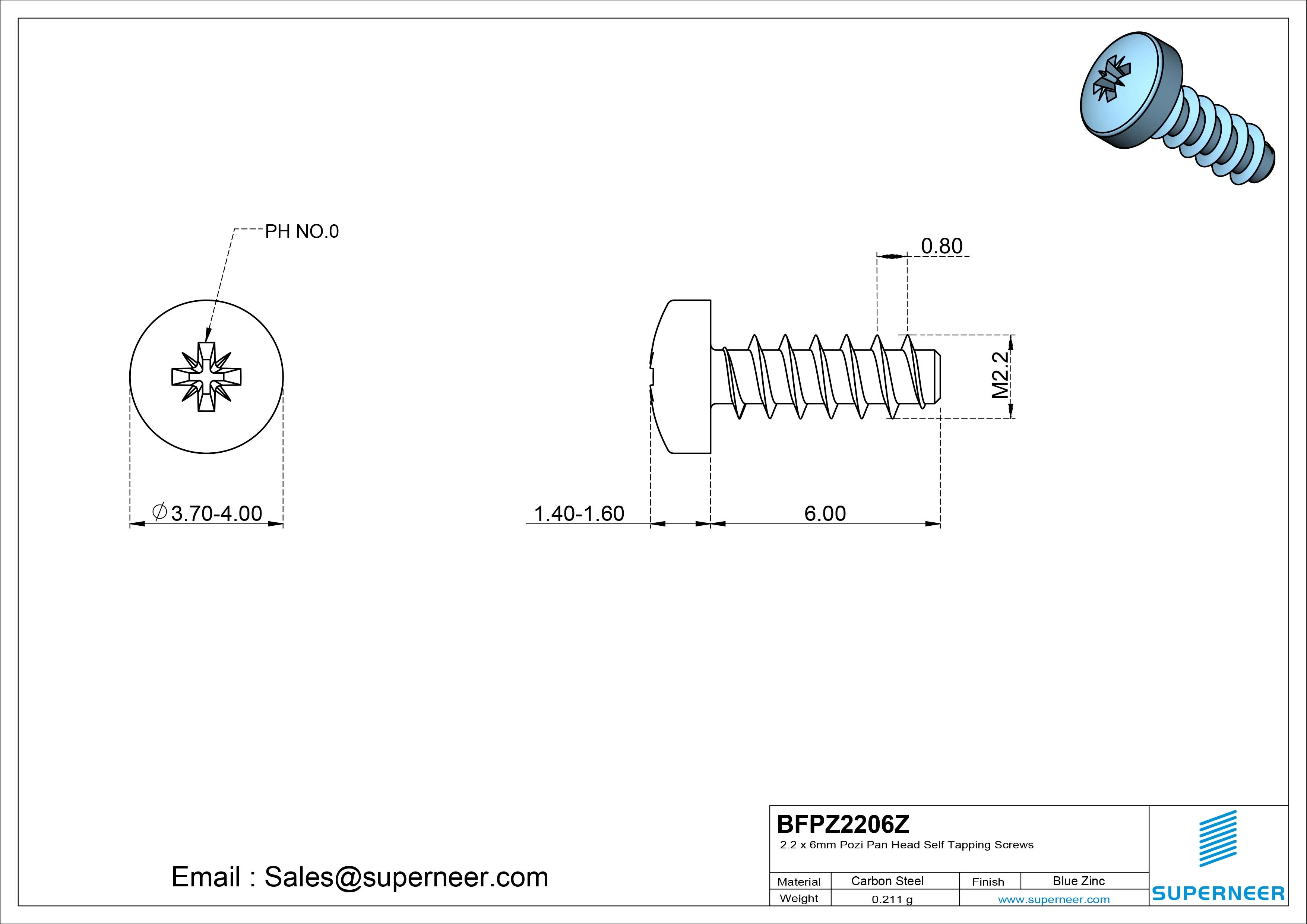 2.2 x 6mm Pozi Pan Head Self Tapping Screws Steel Blue Zinc Plated