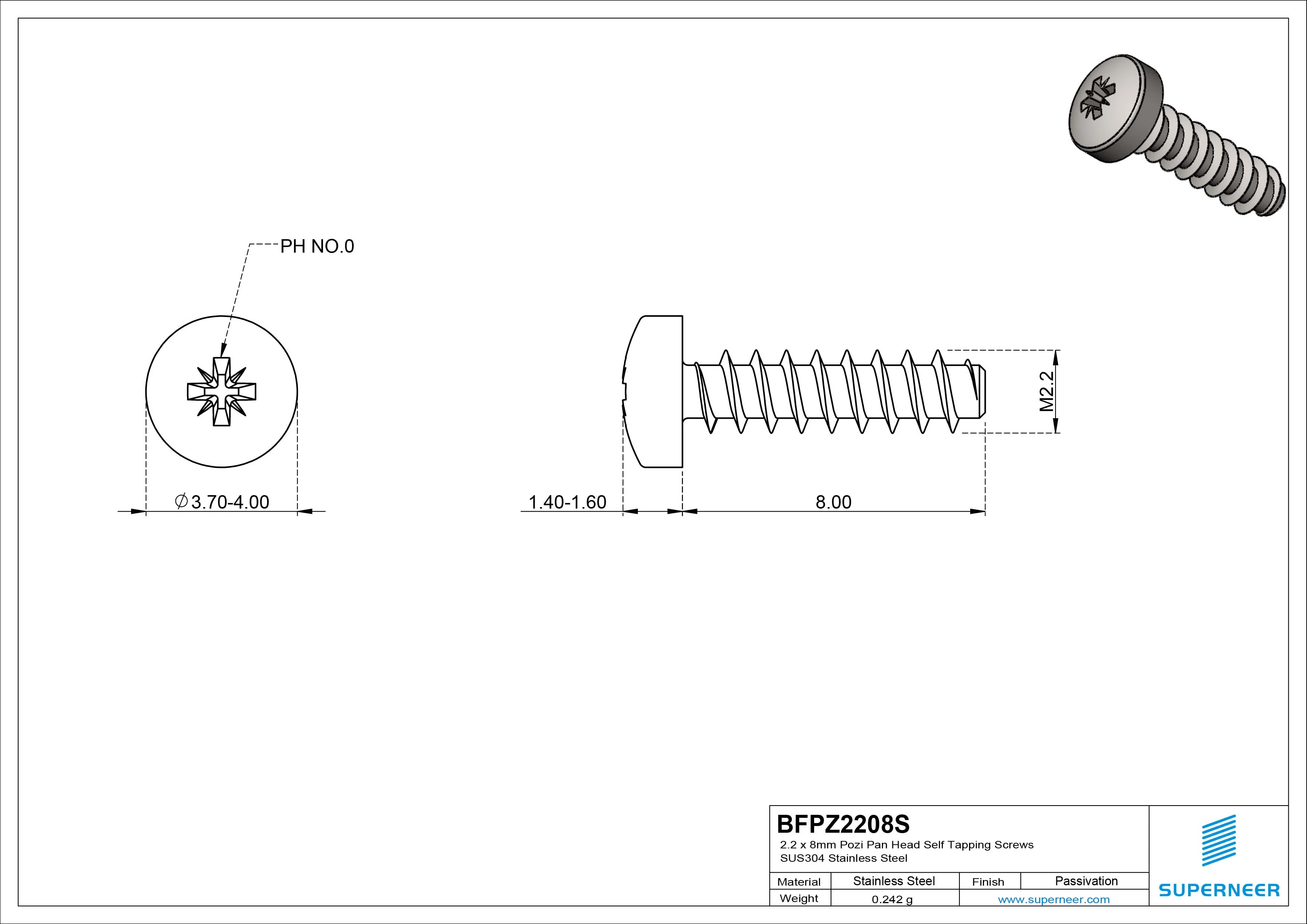 2.2 x 8mm Pozi Pan Head Self Tapping Screws SUS304 Stainless Steel