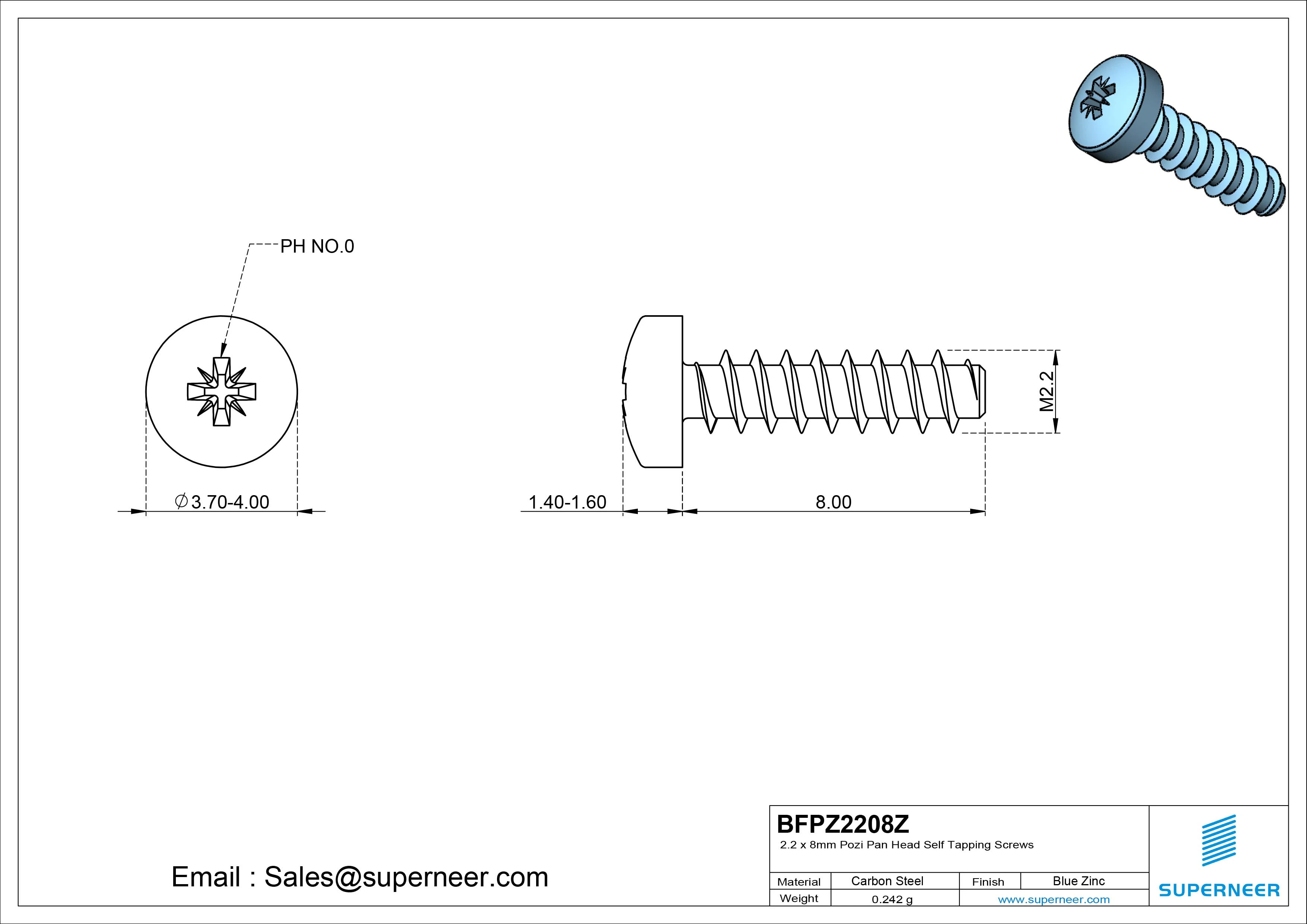 2.2 x 8mm Pozi Pan Head Self Tapping Screws Steel Blue Zinc Plated