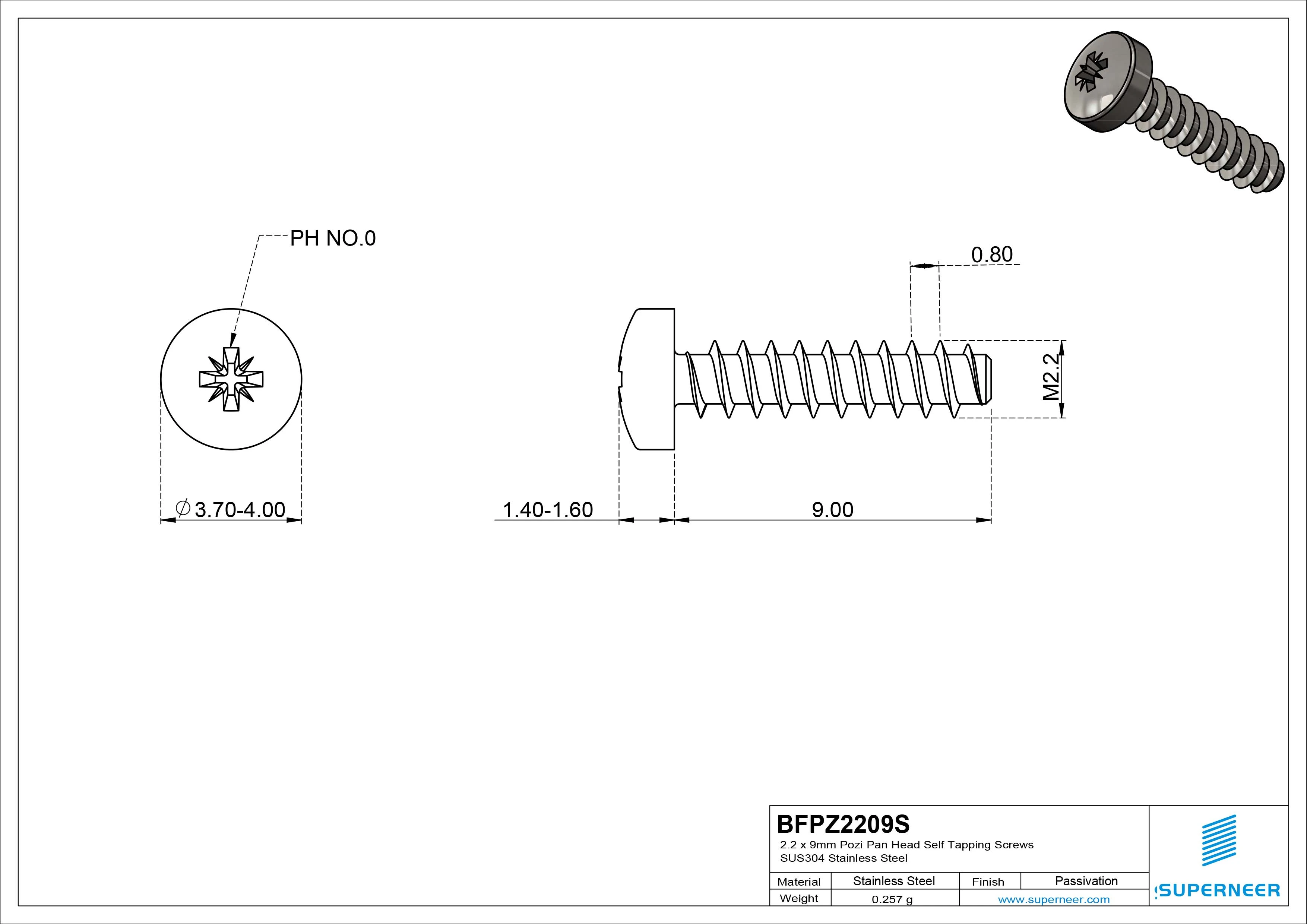 2.2 x 9mm Pozi Pan Head Self Tapping Screws SUS304 Stainless Steel