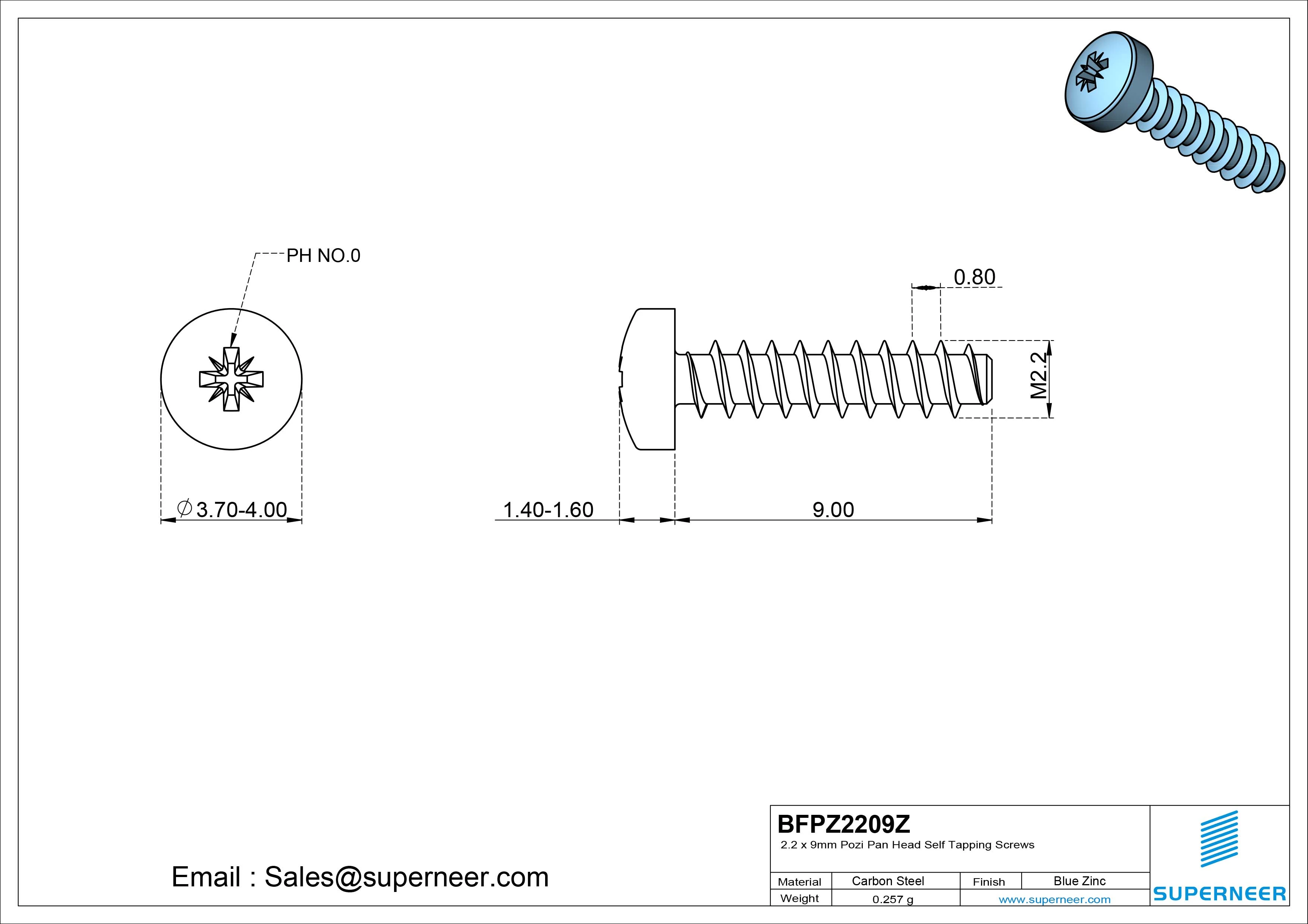 2.2 x 9mm Pozi Pan Head Self Tapping Screws Steel Blue Zinc Plated
