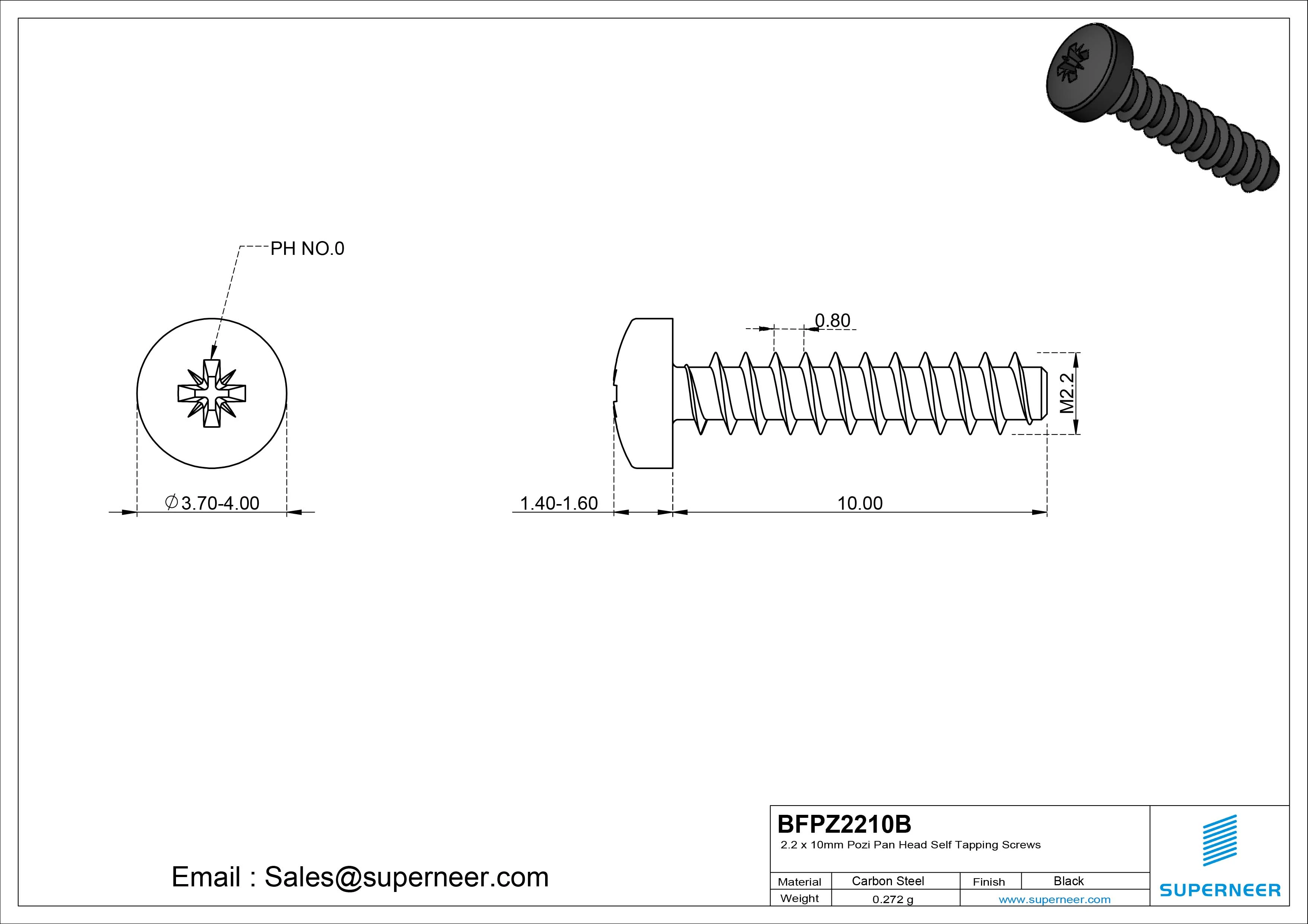 2.2 x 10mm Pozi Pan Head Self Tapping Screws Steel Black Zinc Plated