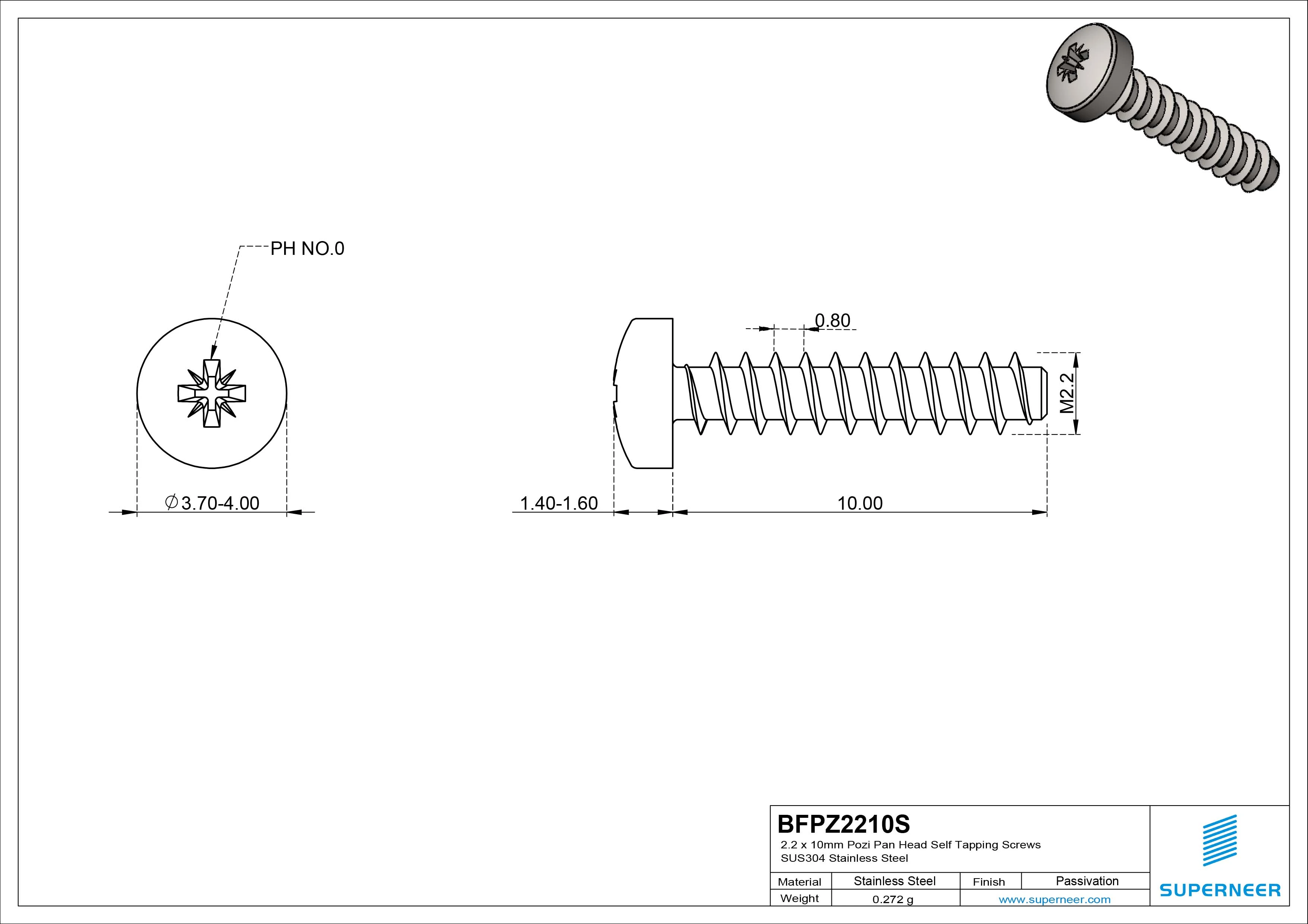 2.2 x 10mm Pozi Pan Head Self Tapping Screws SUS304 Stainless Steel