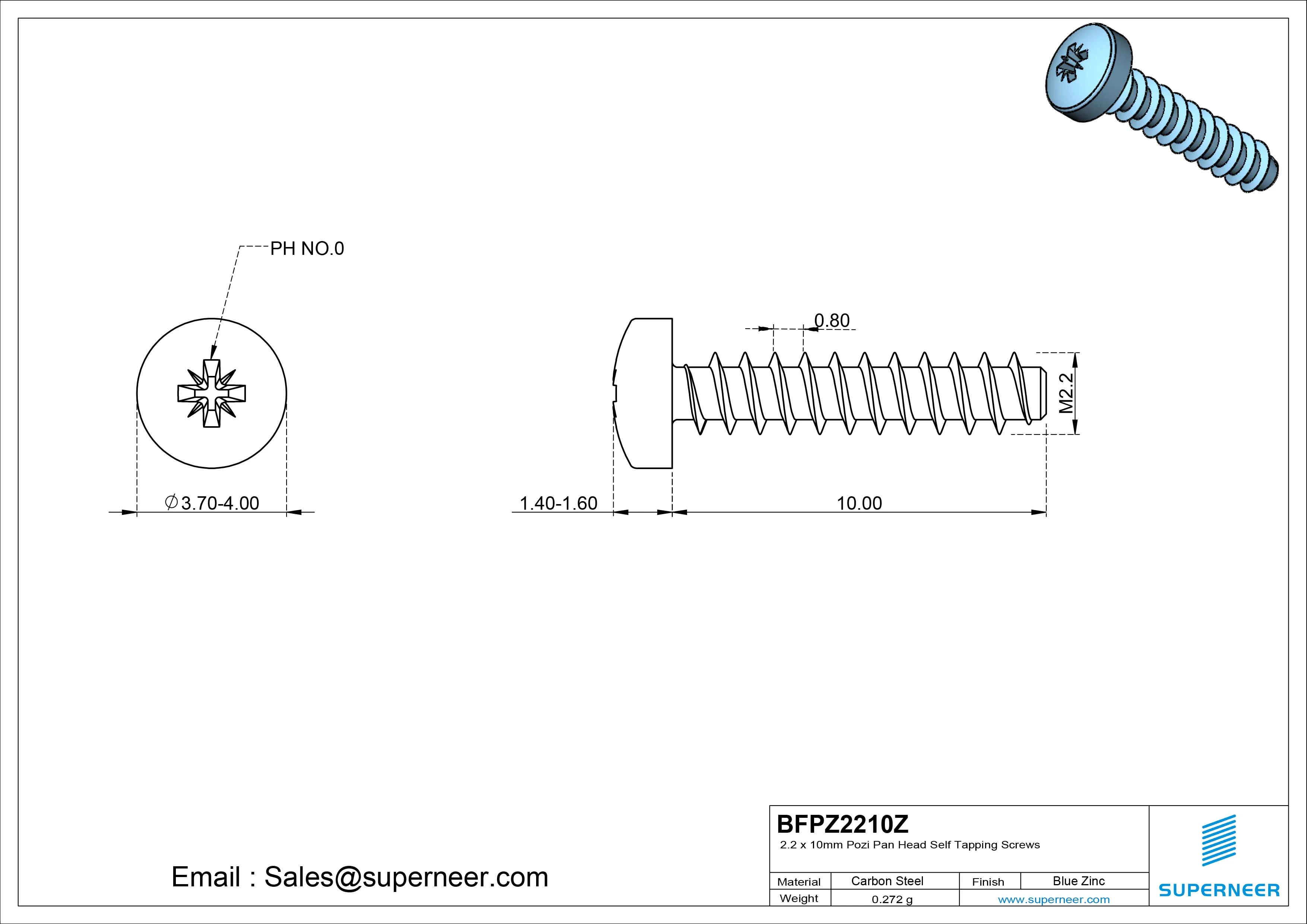 2.2 x 10mm Pozi Pan Head Self Tapping Screws Steel Blue Zinc Plated