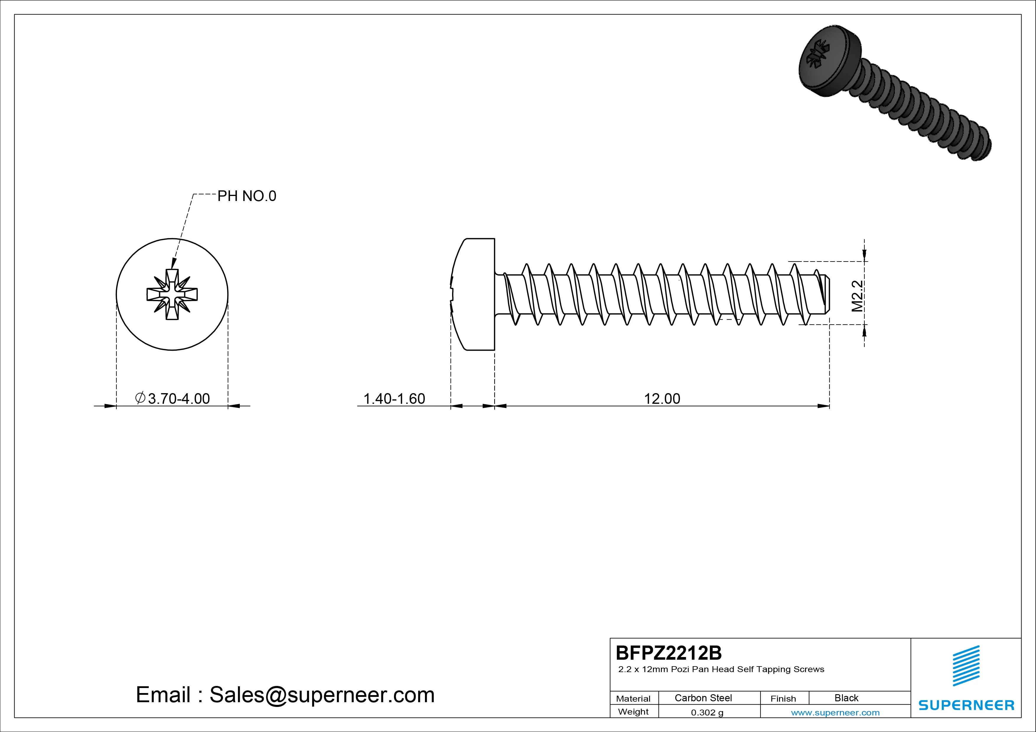 2.2 x 12mm Pozi Pan Head Self Tapping Screws Steel Black Zinc Plated